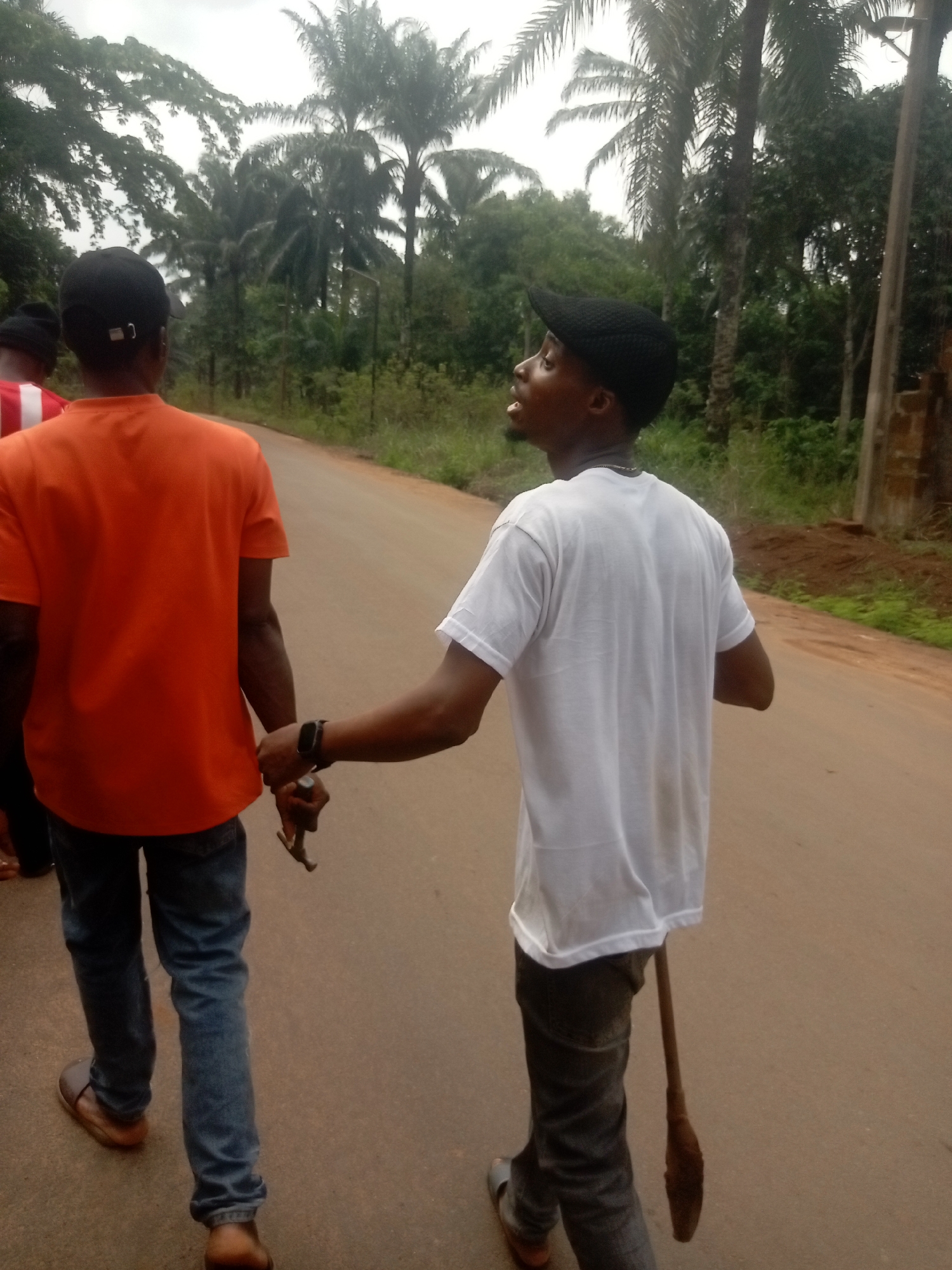 Two men walk along a paved road in Igbo-Ukwu, Nigeria, a town characterized by abundant palm trees. One man wears an orange shirt and jeans and holds a hammer in his hand. The other man, wearing a white t-shirt and a black cap, carries a carved wooden object that extends from his waist down to his lower leg. The road leads through a green, wooded area with palm trees.