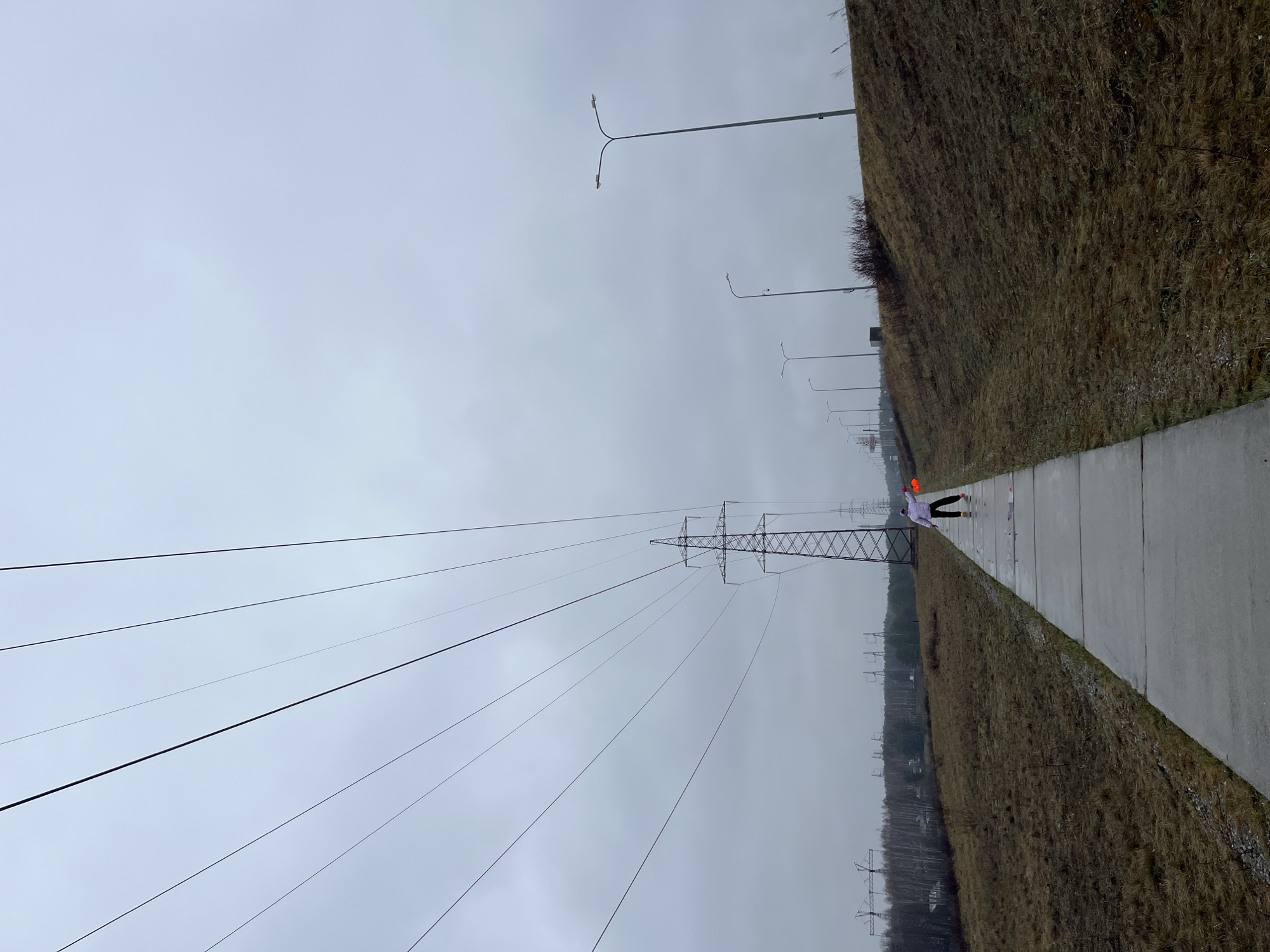 The image captures an outdoor scene under an overcast, grey sky, likely in Chaikovsky, Russia. The perspective is rotated, but when viewed correctly, it shows a long, straight paved path or road extending into the distance, flanked by sloping, unkempt terrain covered in dry, brown-yellow grass and sparse vegetation.
On the left side of the path, numerous power lines stretch diagonally across the sky, connected to several large, metal lattice power pylons (electricity towers) that diminish in size towards the horizon. One prominent pylon stands closer to the foreground, with its intricate structure clearly visible. On the right side of the path, a series of streetlights also extends into the distance, providing illumination to the area.
A single person is visible on the paved path in the middle ground. They are wearing a light-colored (possibly white or light grey) jacket and dark trousers, and are holding a bright orange object, which could be a flag, a bag, or a piece of equipment, held outstretched from their body. The person appears to be either walking or standing still, facing away from the camera.
In the far distance, beyond the grassy slopes and power lines, a faint line of trees or a forest is discernible, suggesting a rural or semi-rural setting. The overall atmosphere is muted due to the cloudy sky and the dormant vegetation, indicating either late autumn, winter, or early spring. No visible text is present in the image.