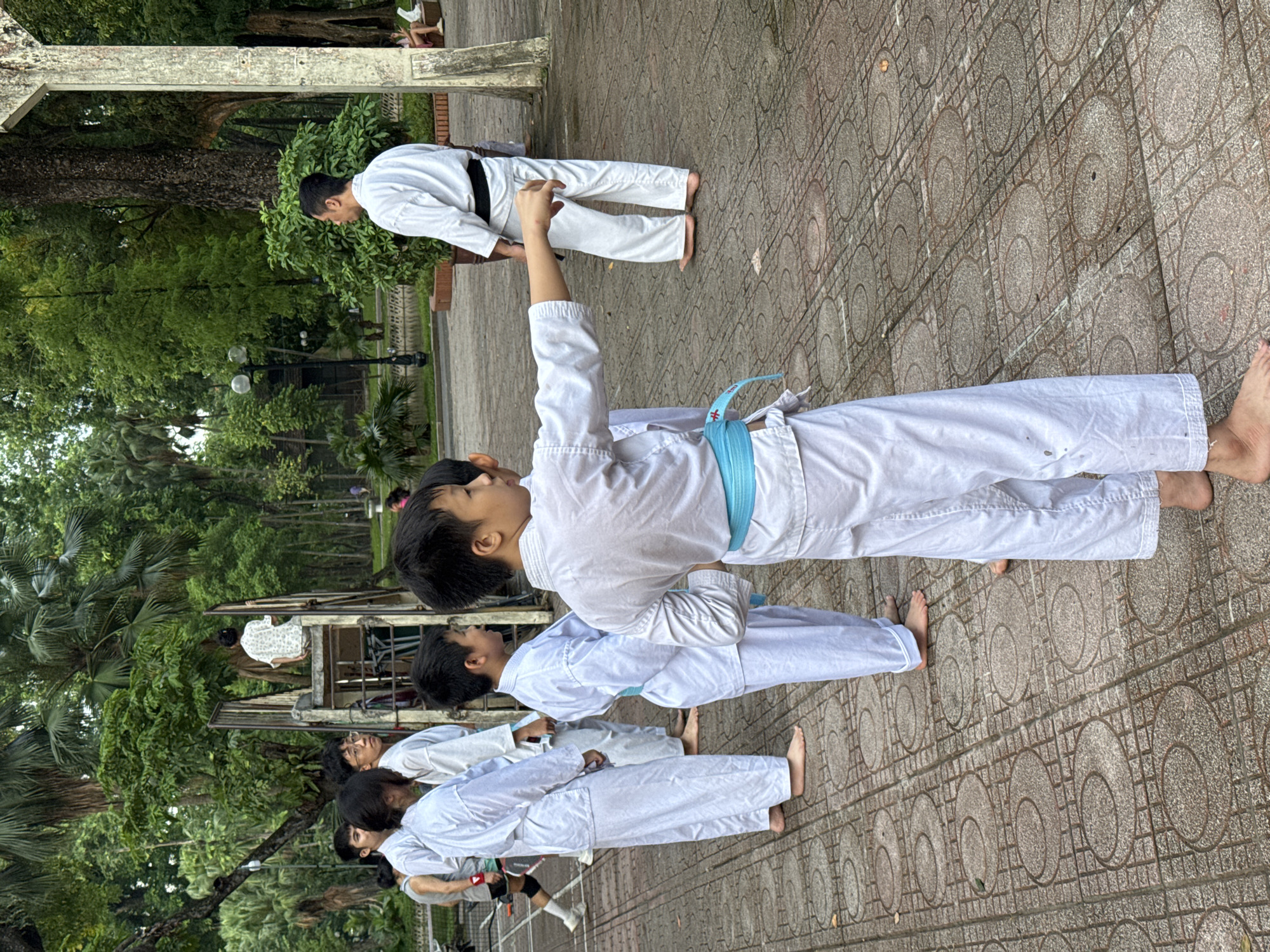 In Hà Nội, Vietnam, a group of individuals, predominantly young males dressed in white karate uniforms, are practicing martial arts outdoors on a tiled ground. The scene unfolds in a park setting, characterized by lush green trees, including palm trees, and a rustic metal structure with stairs in the background. Several individuals are in mid-action, with one young boy in the foreground wearing a light blue belt, extending his right arm forward in a defensive or offensive stance. Other participants stand in various positions, some observing, others waiting their turn. The attire of the practitioners suggests an organized martial arts session. The environment is natural and open, indicating a public park.