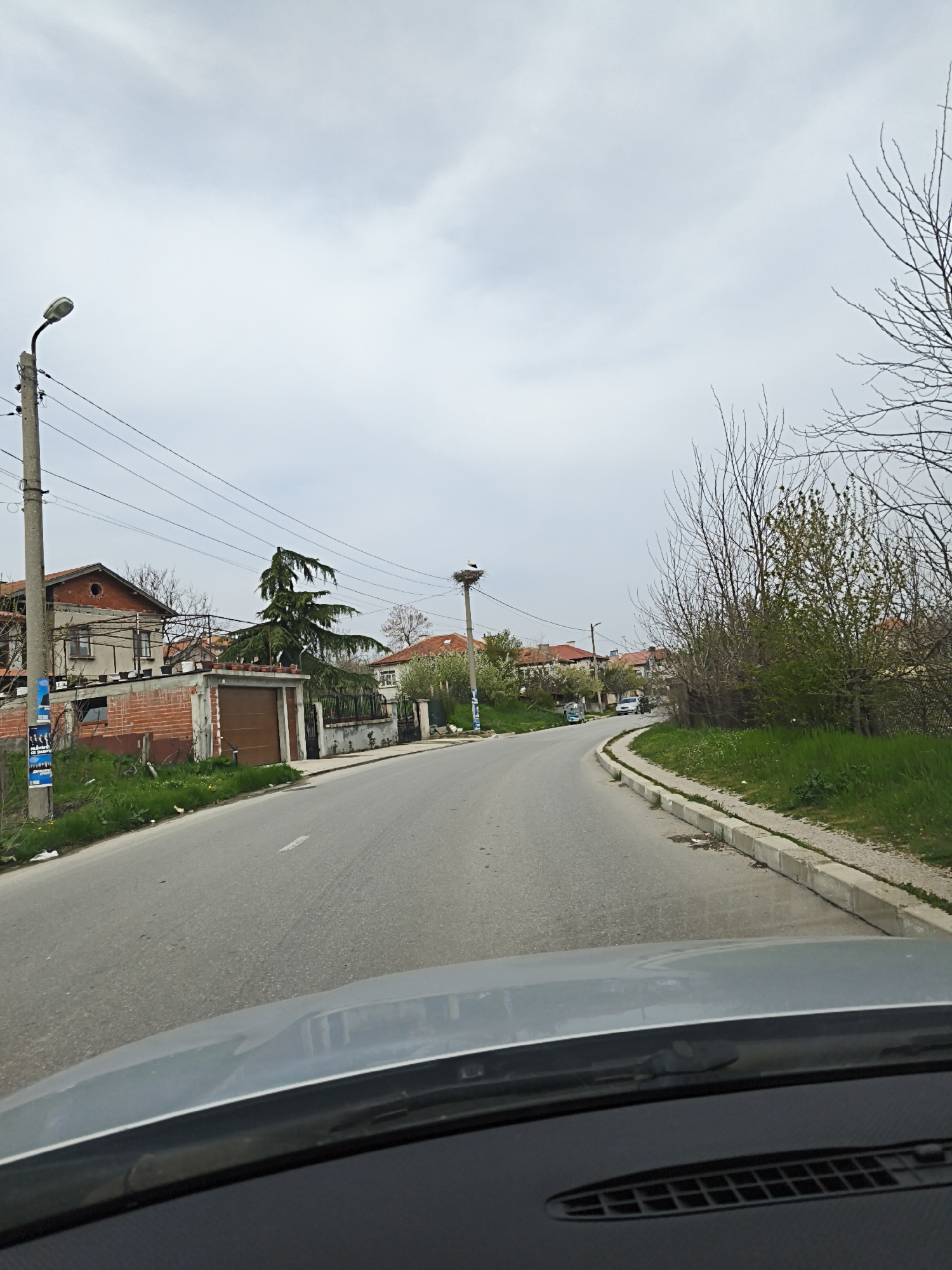 The image depicts a street in an urban setting, likely a residential area based on the presence of houses and low-rise buildings. The scene is captured from within a vehicle, with the dashboard visible at the bottom of the frame. A paved road curves gently ahead, with houses and buildings lining both sides. A mix of architectural styles is apparent, including structures with brick and concrete elements. The sky is overcast, creating diffused lighting conditions. Vegetation, including trees and grass, is seen along the roadside. Power lines and utility poles are visible overhead. A prominent feature is a tall pole with what appears to be a stork's nest on top, near the bend in the road.