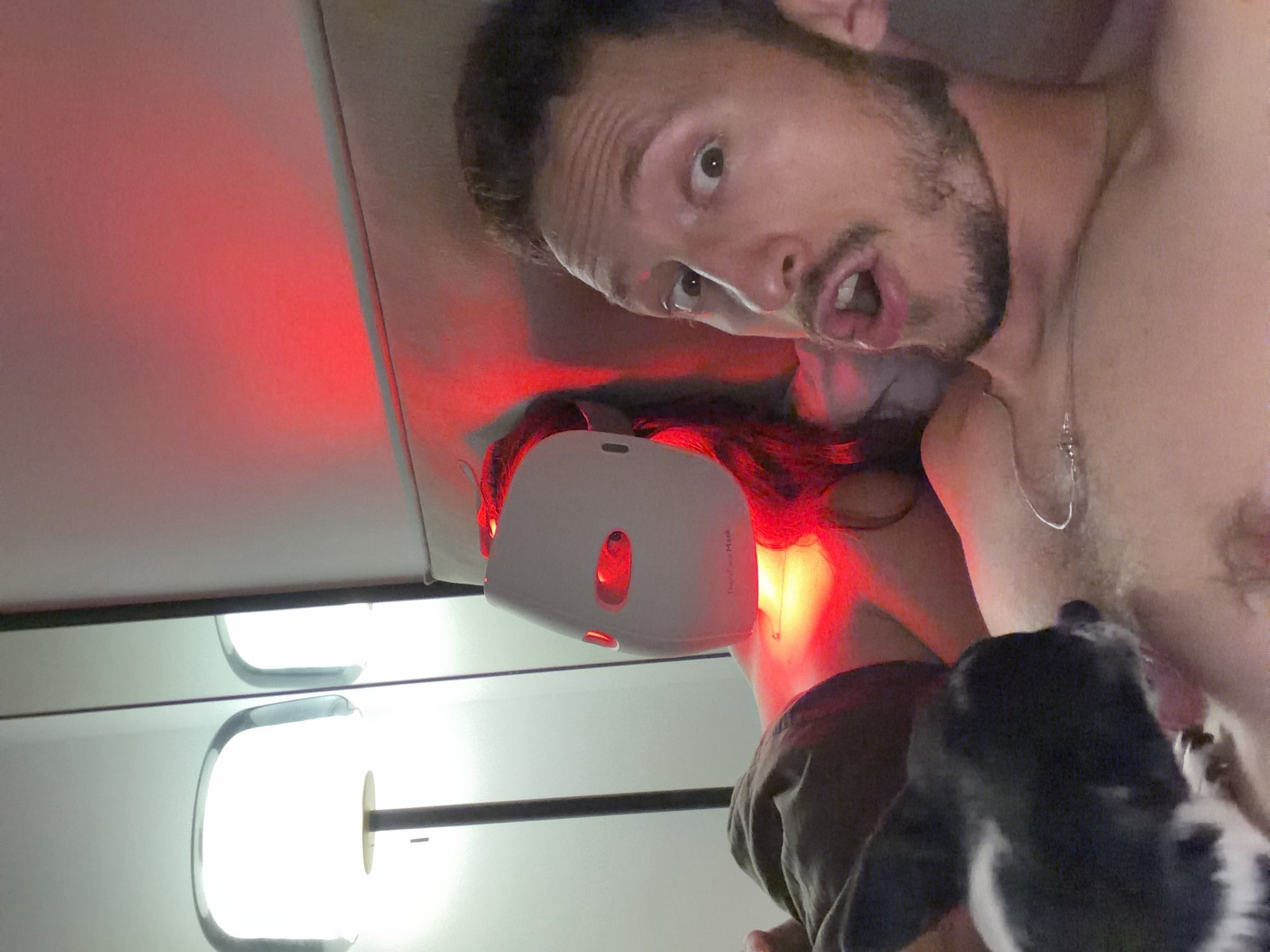 A selfie taken in what appears to be an airplane lavatory. A fair-skinned man with short brown hair and a beard is looking into the camera with an open mouth. The background includes white walls and a light fixture of the lavatory. He has a red light treatment mask attached to his neck. There is a dog in the frame. The location of Tel-Aviv, Israel is not evident in this image.