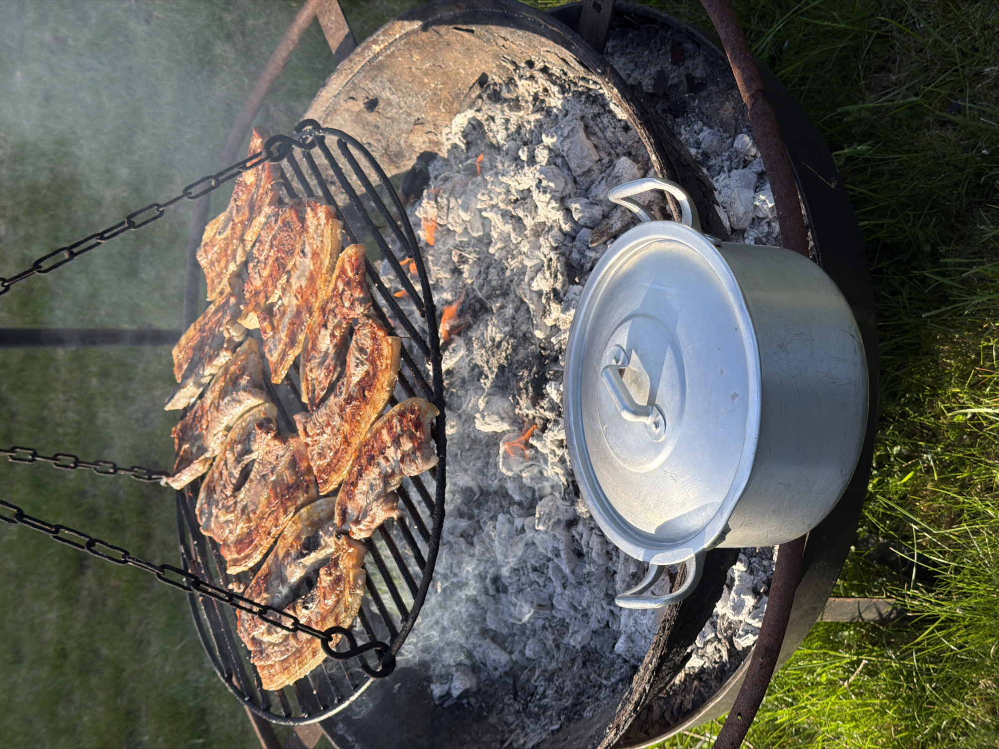 A high-angle shot reveals a cooking scene. Ribs are arranged on a black metal grate suspended over a fire pit, emitting smoke. A silver pot with a lid rests near the embers of the fire. The scene is situated on a grassy area in Junglinster, Luxembourg.