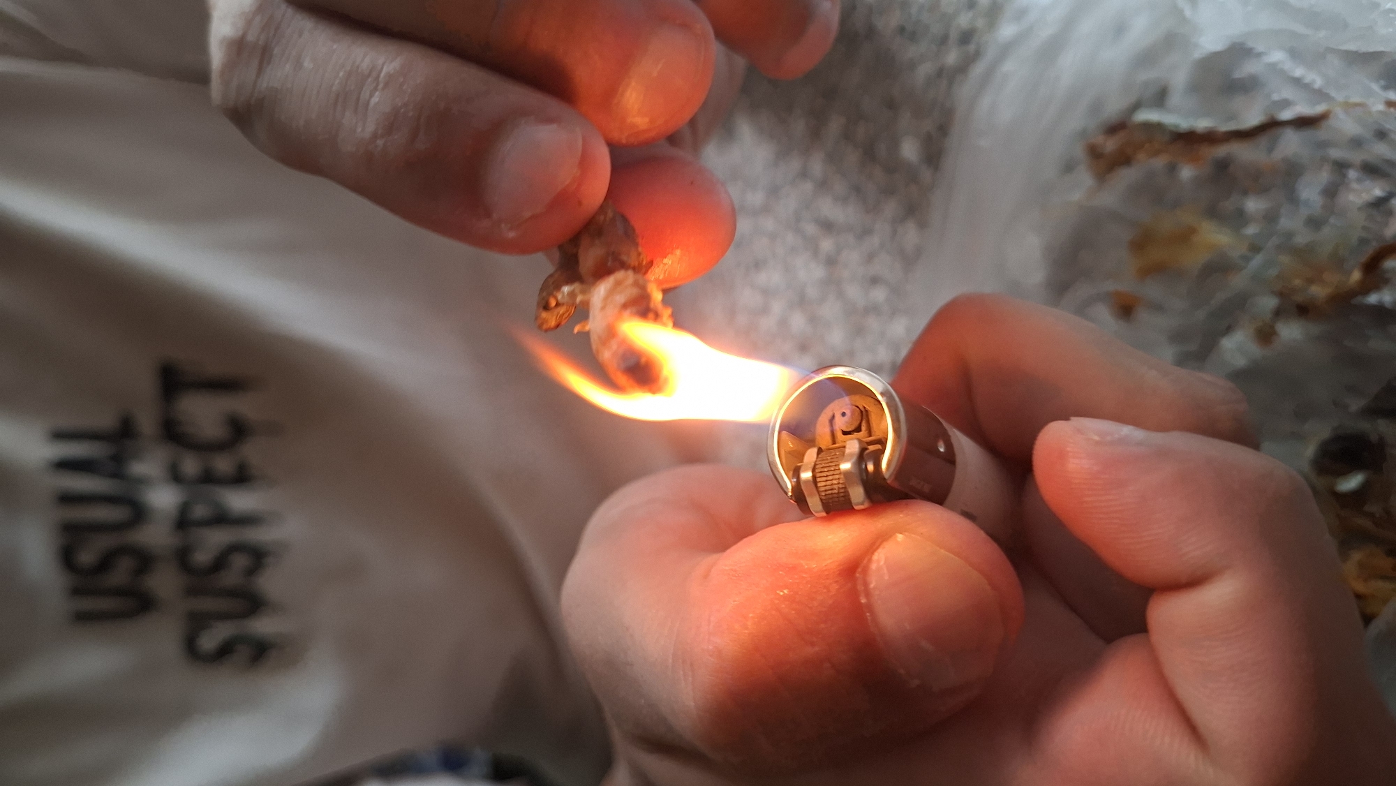 A close-up shot shows a person holding a lighter to a piece of dried material. The lighter has a flame. The person's hands and fingers are visible. The person is wearing a white t-shirt with black lettering that reads "USUAL SUSPECT". The background is blurred and appears to be a rough, speckled surface, possibly a table. The overall scene suggests an indoor setting, with no identifiable city or location features.