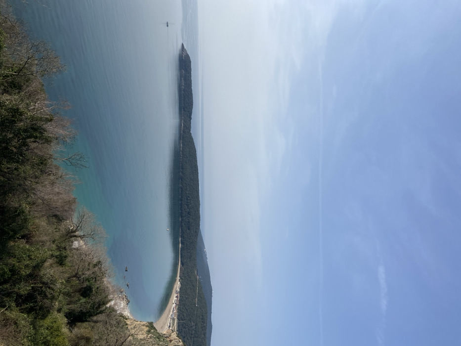 An elevated, wide-angle photograph displays a coastal bay located in Unknown, Unknown. The sky is clear and light blue, featuring a single faint contrail. The bay's perimeter includes a prominent dark green, tree-covered peninsula extending from the left, and forested hills with scattered white structures on the right. A crescent-shaped beach, composed of sand or small pebbles, lines the bay, backed by approximately ten small, light-colored buildings. Several white poles or towers are visible on distant hilltops. The calm water transitions from dark blue further out to a lighter turquoise closer to the shore. A white-hulled sailboat with a visible mast is present in the water to the far left. A smaller, light-colored boat or object is situated within the bay, closer to the beach. Dark rock formations are visible along the near edge of the beach. The immediate foreground consists of a steep slope covered in dense, dry, mixed deciduous and evergreen scrub, featuring several bare tree branches. No individuals are present, and no active interactions are discernible within the scene.
