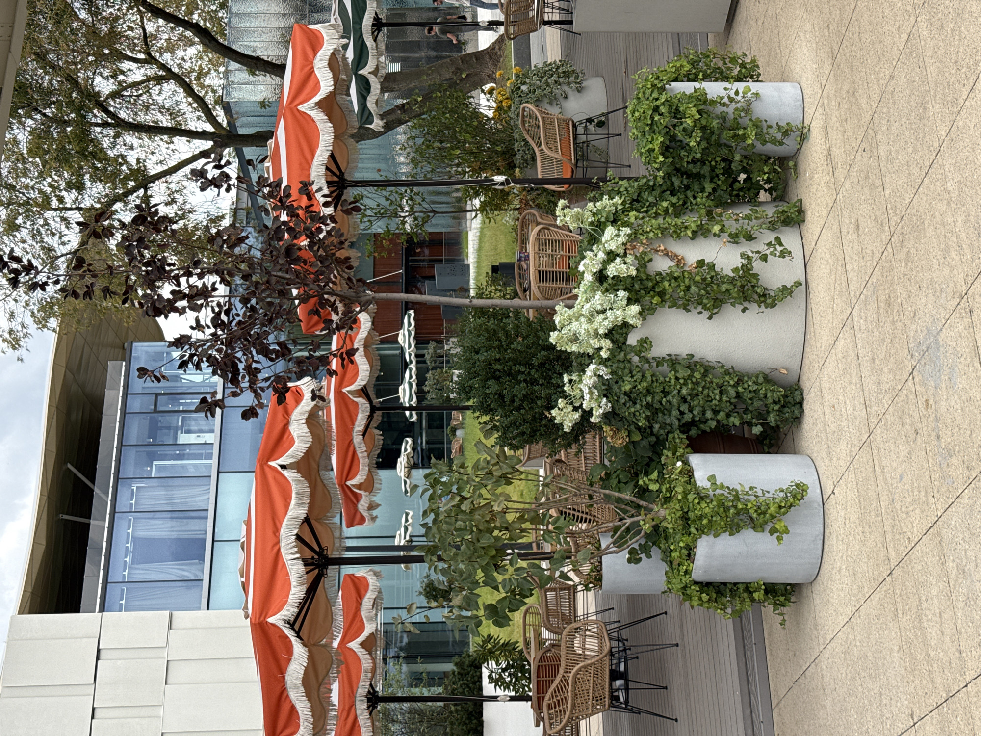 The image depicts an outdoor seating area with several large, orange and white fringed umbrellas providing shade. The area is furnished with wicker chairs and tables. Large concrete planters filled with lush green foliage, including ivy, are placed throughout the seating area, some overflowing with cascading plants and white flowers. In the background, a modern building with large glass windows and a light-colored facade is visible, along with trees and a grassy area. The ground is paved with tan tiles. The scene is set in an urban environment, likely a cafe or restaurant patio. The provided context indicates this location is in Moscow, Russia.