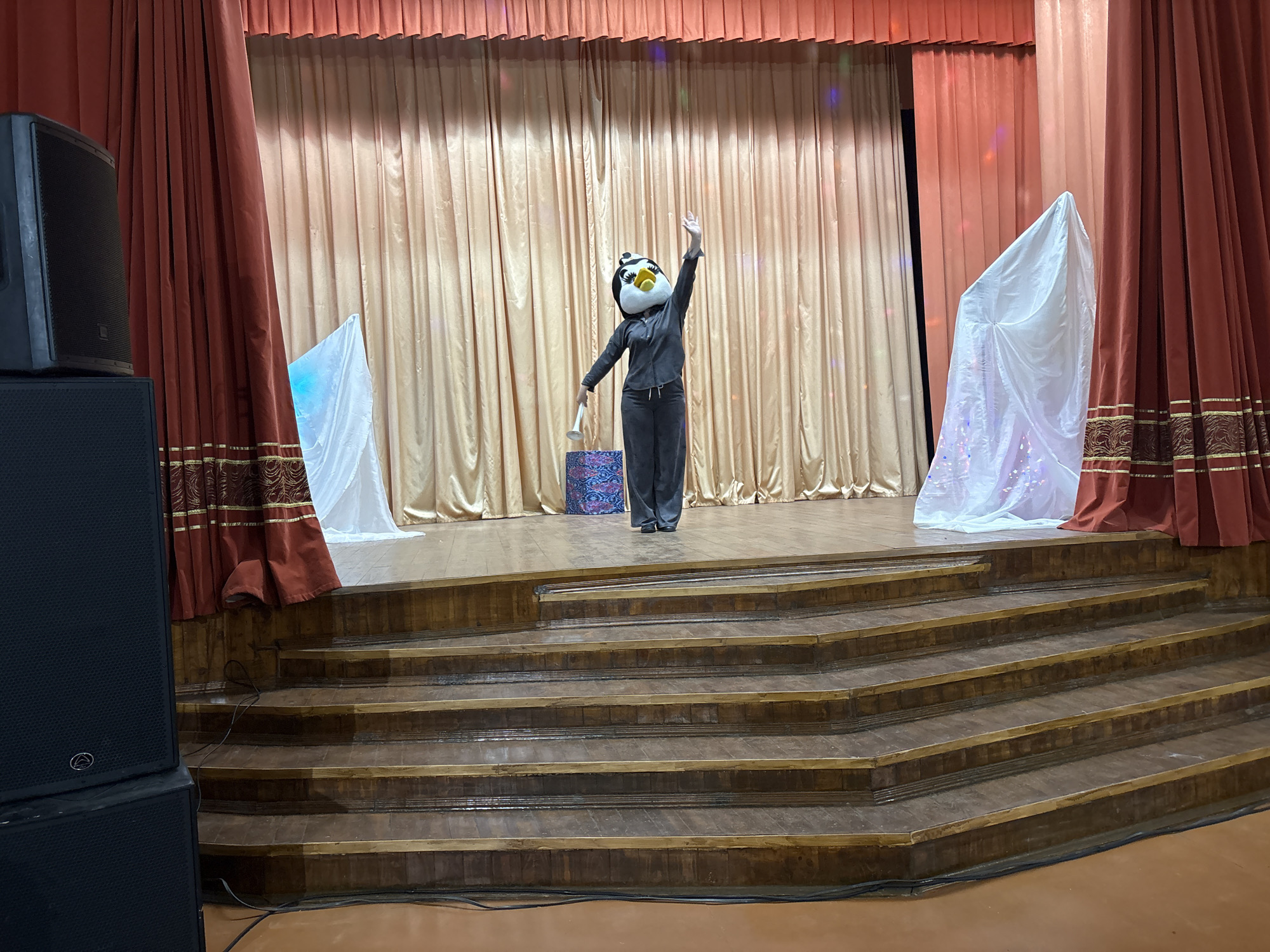A person in a penguin costume stands on a wooden stage in front of golden curtains, one arm raised. The stage is set with decorative white cloths on either side, one with a blue glow and the other with shimmering lights. In the foreground, a tiered wooden staircase leads up to the stage. To the left of the stage, black speakers are stacked. The lighting on the stage includes small, colorful lights scattered across the backdrop. This scene appears to be set up for a performance or event, possibly within a community center or school in the city of Vyanyanski Sel'ski Savet, Belarus.