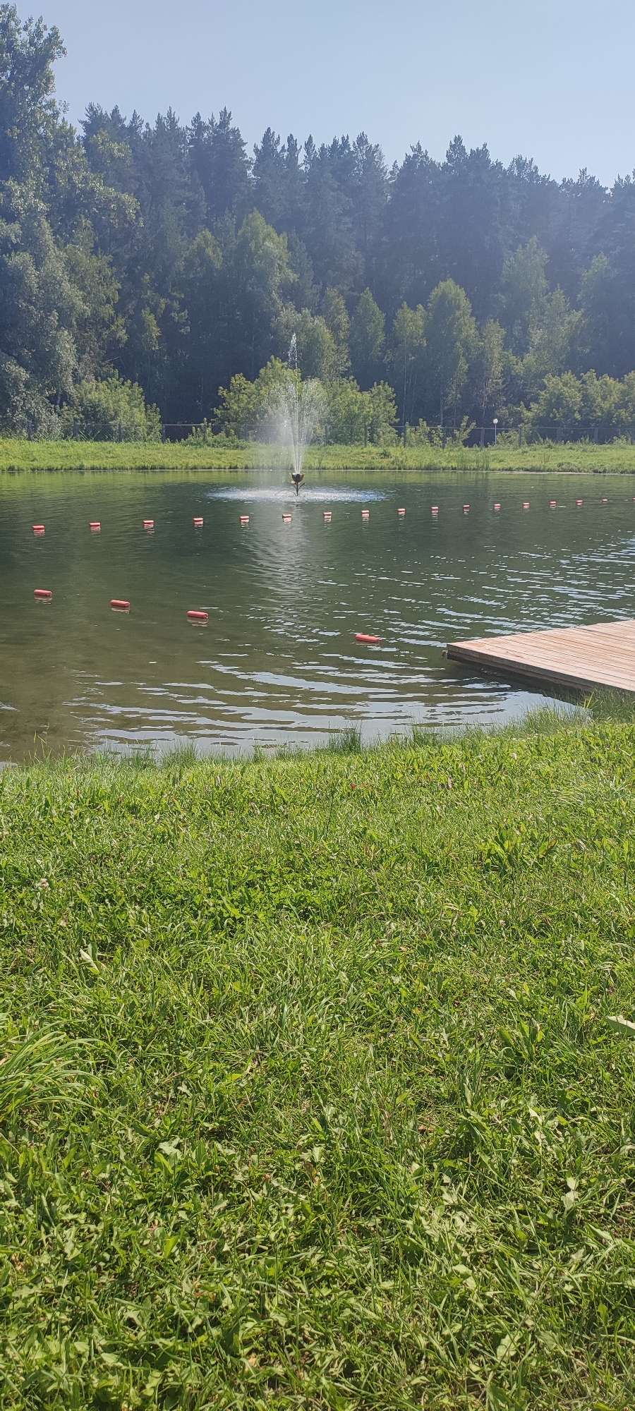 This image depicts a scenic view of a lake with a fountain in the center, located in Zudilovo, Russia. The lake is bordered by a lush green grassy area in the foreground and a dense forest in the background. Several orange buoys are floating on the water, arranged in rows. To the right of the image, a wooden deck extends into the water, suggesting a recreational area. The sky is clear and blue, indicating a sunny day. The environment appears serene and natural, with no people visible in the frame. The overall impression is one of a peaceful, outdoor setting.