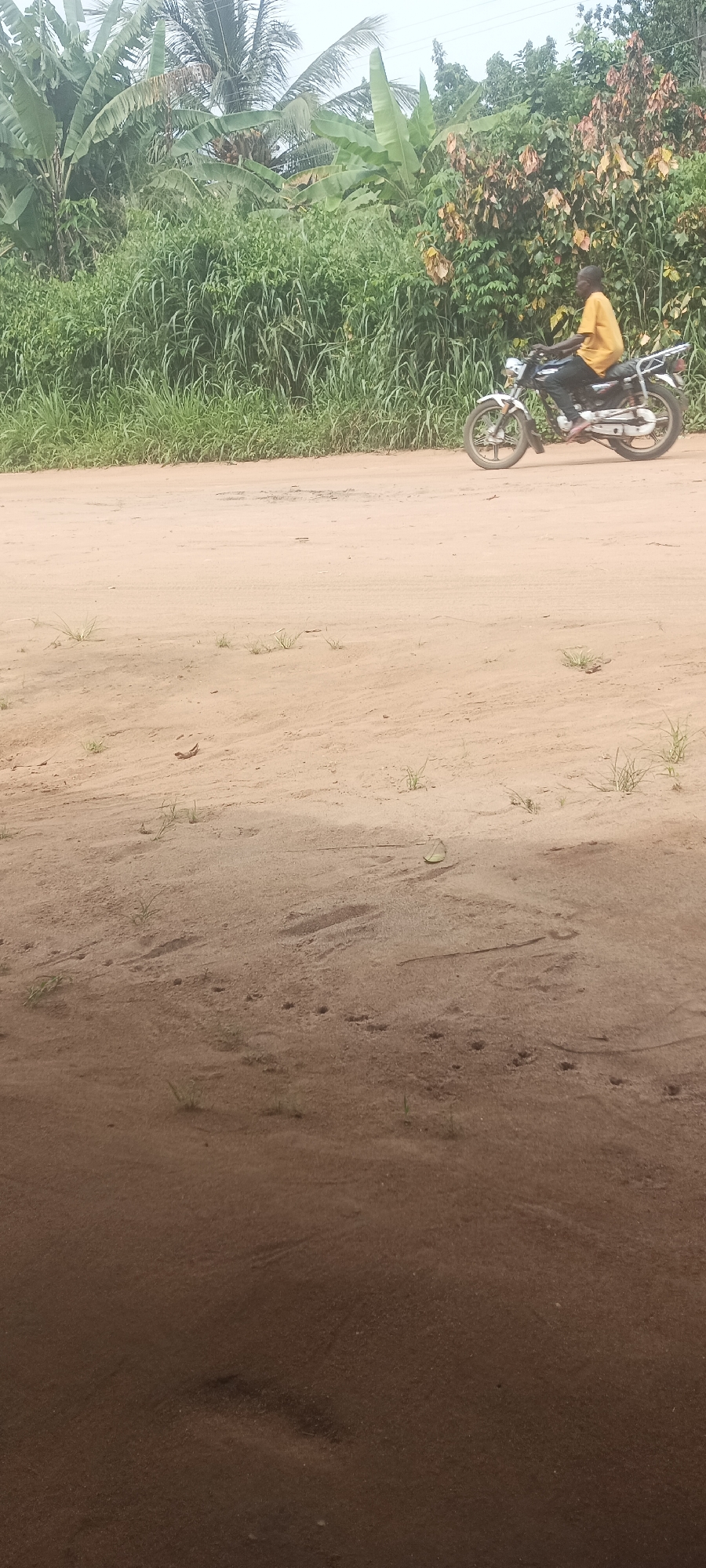 The image depicts a man riding a motorcycle on a sandy road in what appears to be a rural area near Amauzu, Nigeria. The man is wearing a yellow shirt and dark pants. Dense vegetation, including tall grasses and trees, borders the road. The road itself is unpaved and covered in light-colored sand, with visible tracks and sparse vegetation. The lower portion of the image is darker, obscuring details of the foreground. The sky is overcast, suggesting diffused lighting conditions.