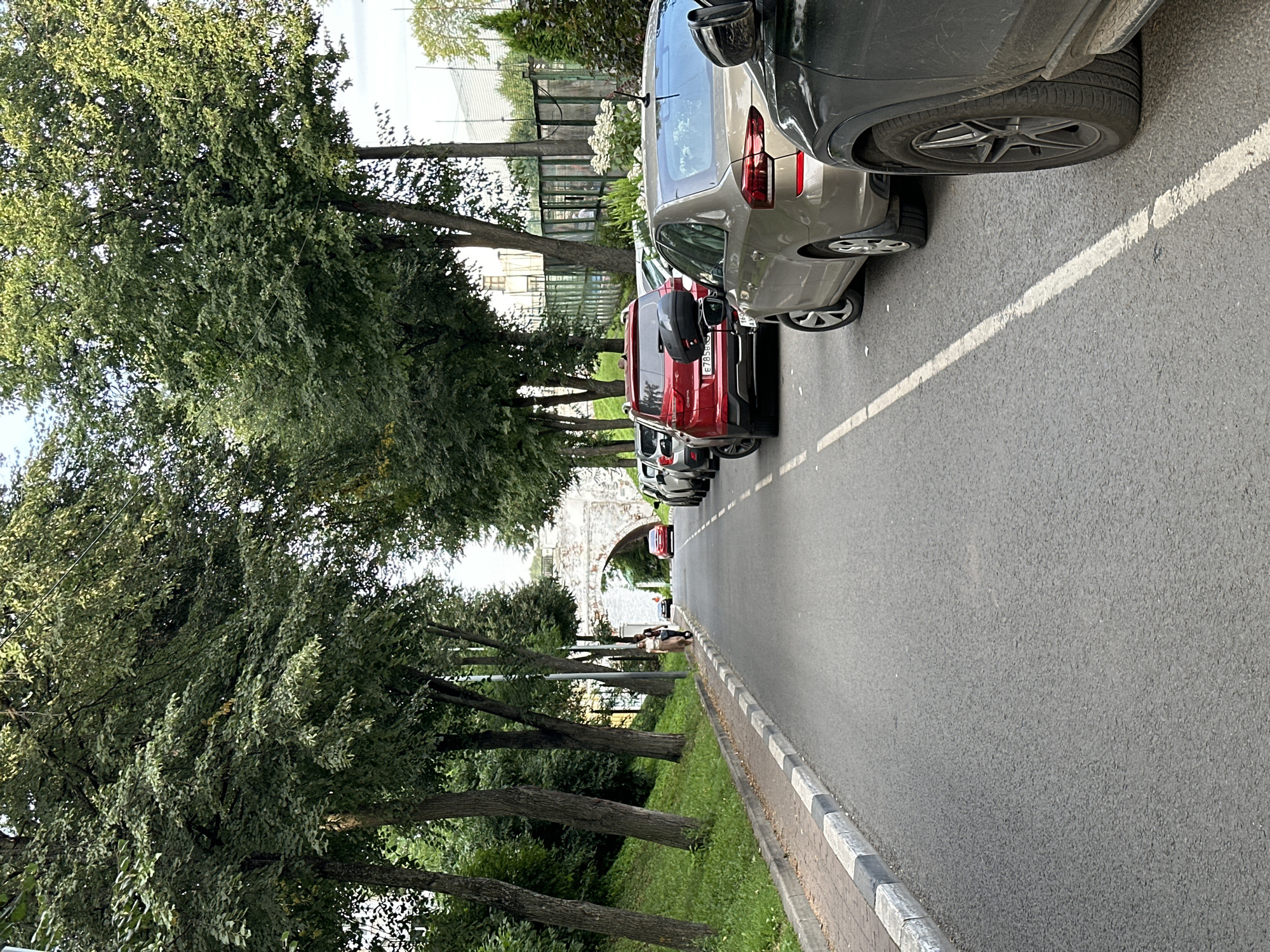 The image shows a street scene in Putyatino (Semivragovskaya S/A), Russia. Tall trees line both sides of the asphalt road, creating a shaded canopy. On the left side of the road, there is a grassy slope with more trees. On the right, several cars are parked along the street, and a line of more cars is visible further down the road. In the distance, an arched stone bridge is prominent. Two people are walking on the sidewalk on the left side of the road, near the bridge. The overall impression is a quiet street with a natural, green environment.
