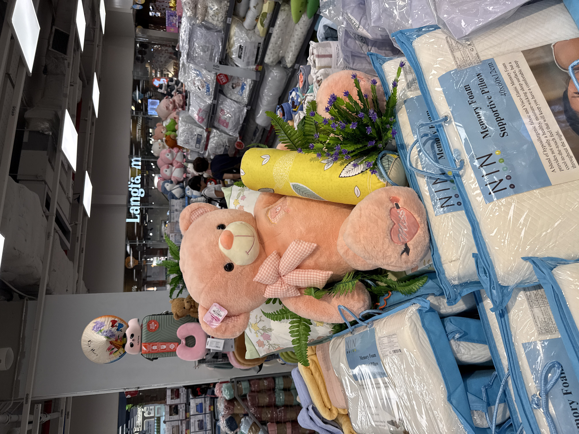 The image shows a display of pillows and stuffed animals inside a store, likely a department store or home goods store. In the foreground, several packaged memory foam pillows are visible, each in a clear plastic bag with a blue fabric cover and handles. Some of these packages have labels indicating "NIN Memory Foam Supportive Pillow 40x60x12cm." Behind the pillows, a large pink teddy bear is prominently displayed, adorned with a checkered pink bow. Next to the teddy bear is a pink heart-shaped pillow with an arrow through it. There are also some decorative green plants and a yellow cylindrical pillow.
In the background, shelves are stocked with more packaged items, possibly bedding or linens, all in clear plastic packaging. A sign with "Langta m" is visible on a wall in the middle distance. Two individuals, a woman and a child, are partially visible in the background, appearing to be browsing the merchandise. The overall environment suggests a retail setting with commercial lighting.
Based on the presence of "Langta m" which is a Vietnamese phrase, and the general appearance of the store and merchandise, this scene is likely located in a store in Nha Trang, Vietnam.
