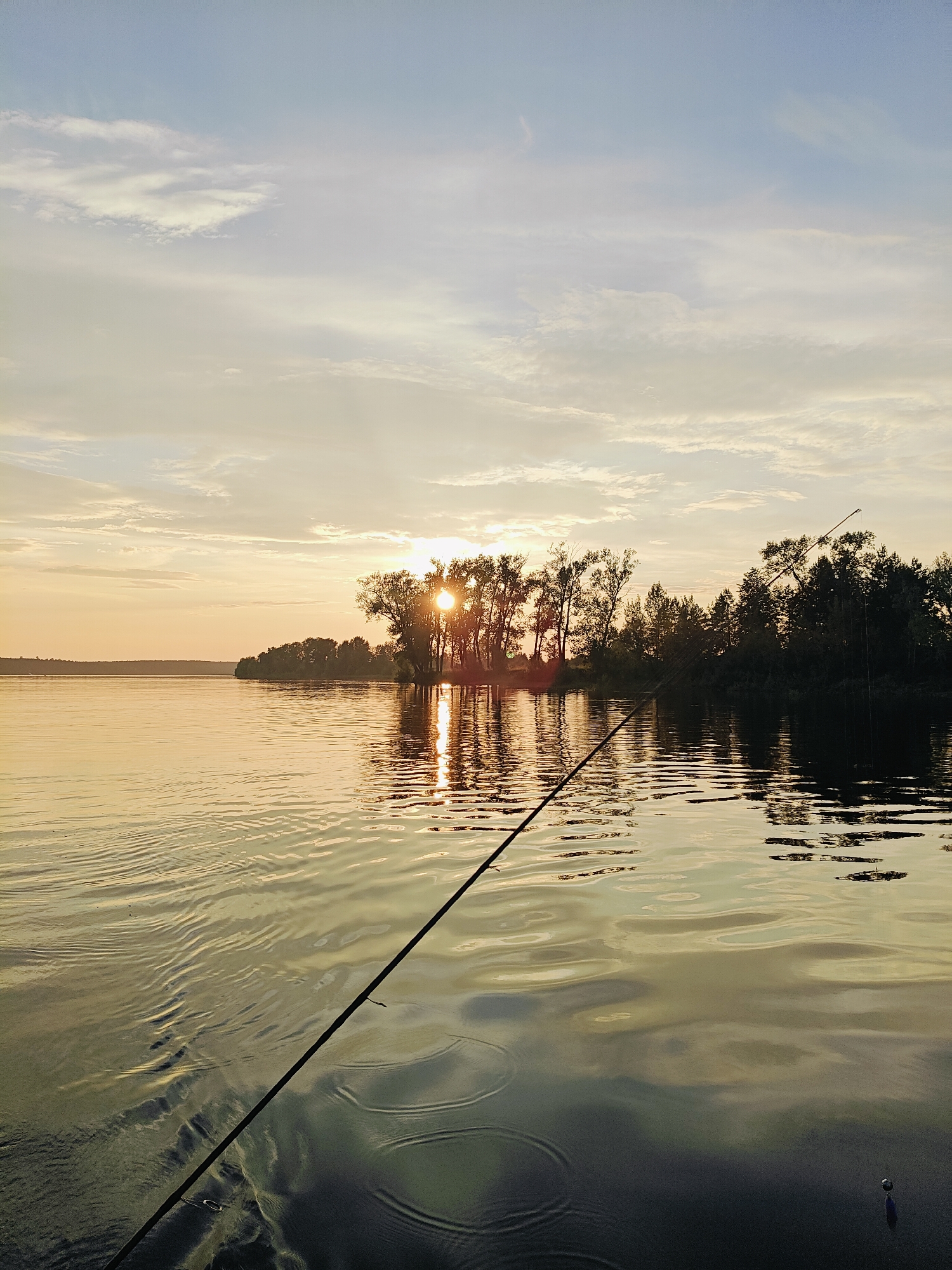 The image depicts a serene sunset scene over a body of water, likely a lake or river, in Ol'khovskoye, Russia. The sun, low on the horizon, casts a warm, golden glow across the sky and reflects shimmering patterns on the water's surface. Silhouetted trees and foliage form a dark line along the distant shore, with a small island or peninsula featuring more dense trees. In the foreground, a fishing rod is angled across the frame, extending into the water, suggesting someone is engaged in fishing. The water exhibits gentle ripples, further enhancing the tranquil atmosphere. The sky is a blend of soft blues and pale yellows, with scattered clouds adding texture. There are no people visible in the frame.