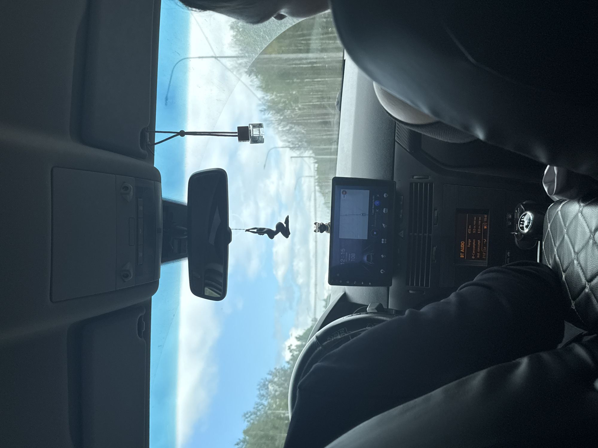 The image shows the interior of a car, likely in or near Didino, Russia. The perspective is from the passenger seat looking forward, with the dashboard and windshield visible. The driver's arm and hand are on the steering wheel, which has "Opel" visible on it. A car navigation system is mounted on the dashboard, displaying a map and information. A rearview mirror is hanging from the windshield, with a black hanging ornament and a small figurine on it. The sky outside is visible through the windshield, with clouds and trees lining the road. The scene appears to be a road trip or commute.