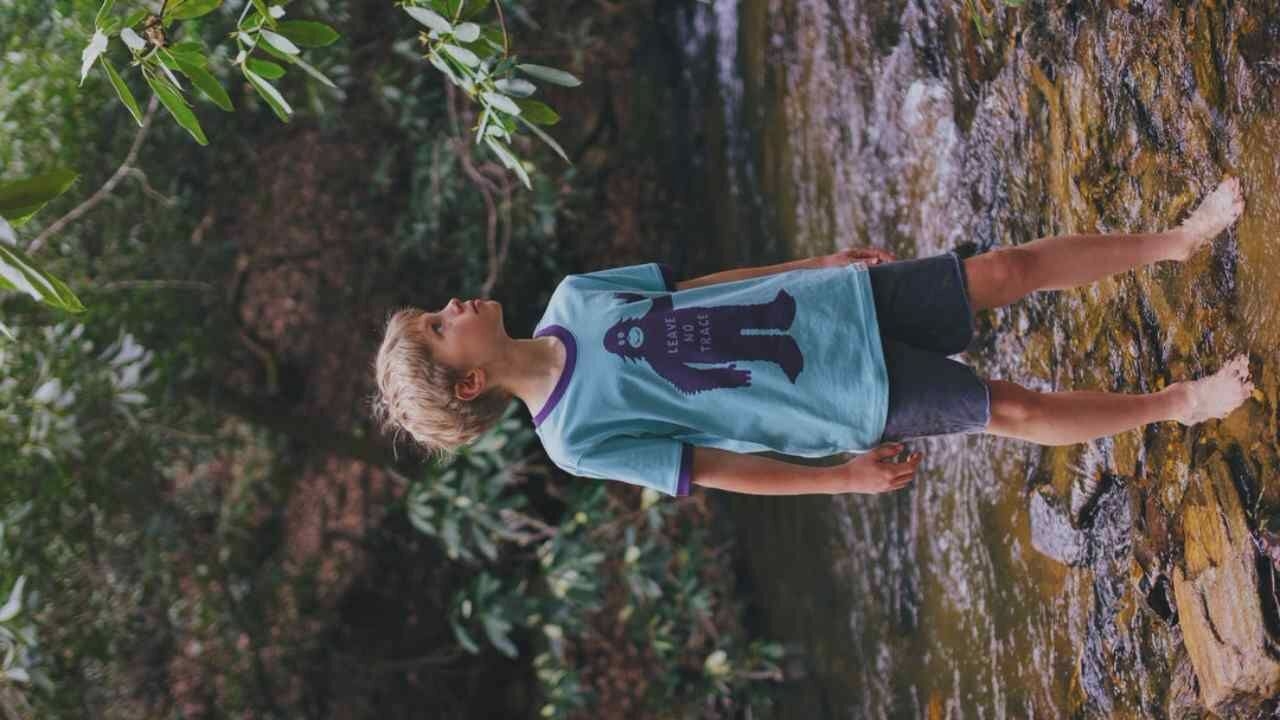 A young boy with blond hair stands in a shallow, rocky stream. He is wearing a light blue t-shirt with a purple trim and a graphic of a purple Bigfoot on it with the words "LEAVE NO TRACE" inside it. He is also wearing dark gray shorts. The stream is surrounded by lush green foliage and trees, suggesting a natural, possibly wooded, environment. The water is clear and appears to be flowing over the rocks. The boy is looking off to the right of the frame.