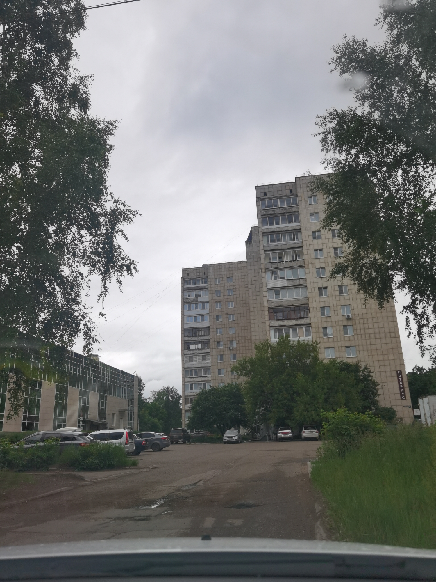 The image captures an overcast daytime scene in Chaikovsky, Russia, viewed from inside a vehicle through its windshield, with a portion of the dashboard visible at the bottom. The immediate foreground features a worn asphalt or dirt road with several small puddles.
The midground consists of a parking area and dense vegetation. On the left, a dark grey sedan is partially obscured by thick green bushes. Behind it, a silver or white minivan/SUV is parked, followed by another dark sedan. On the right side of the parking area, a silver sedan is visible, with another silver vehicle behind it, and a dark SUV/truck further in the distance.
Large, leafy deciduous trees frame the scene on both the left and right, their foliage partially obscuring the sky and background buildings. Patches of tall green grass and various bushes grow along the edges of the road and parking areas.
In the background, two prominent buildings are observed. To the left, a modern, multi-story structure (approximately 3-4 visible stories) features a prominent glass facade with a grid pattern, set above a light-colored stone or concrete base, suggesting a commercial or office building. To the right, a tall, multi-story apartment building, constructed from light grey/beige pre-cast concrete panels characteristic of Soviet-era architecture, dominates the skyline. This residential block features numerous windows and several enclosed balconies. A vertical sign in Cyrillic, reading "НОТАРИУС" (NOTARIUS), is affixed to the right facade of this taller building, indicating a notary public's office. Overhead utility wires traverse the cloudy sky between the buildings. No people are visible within the scene.