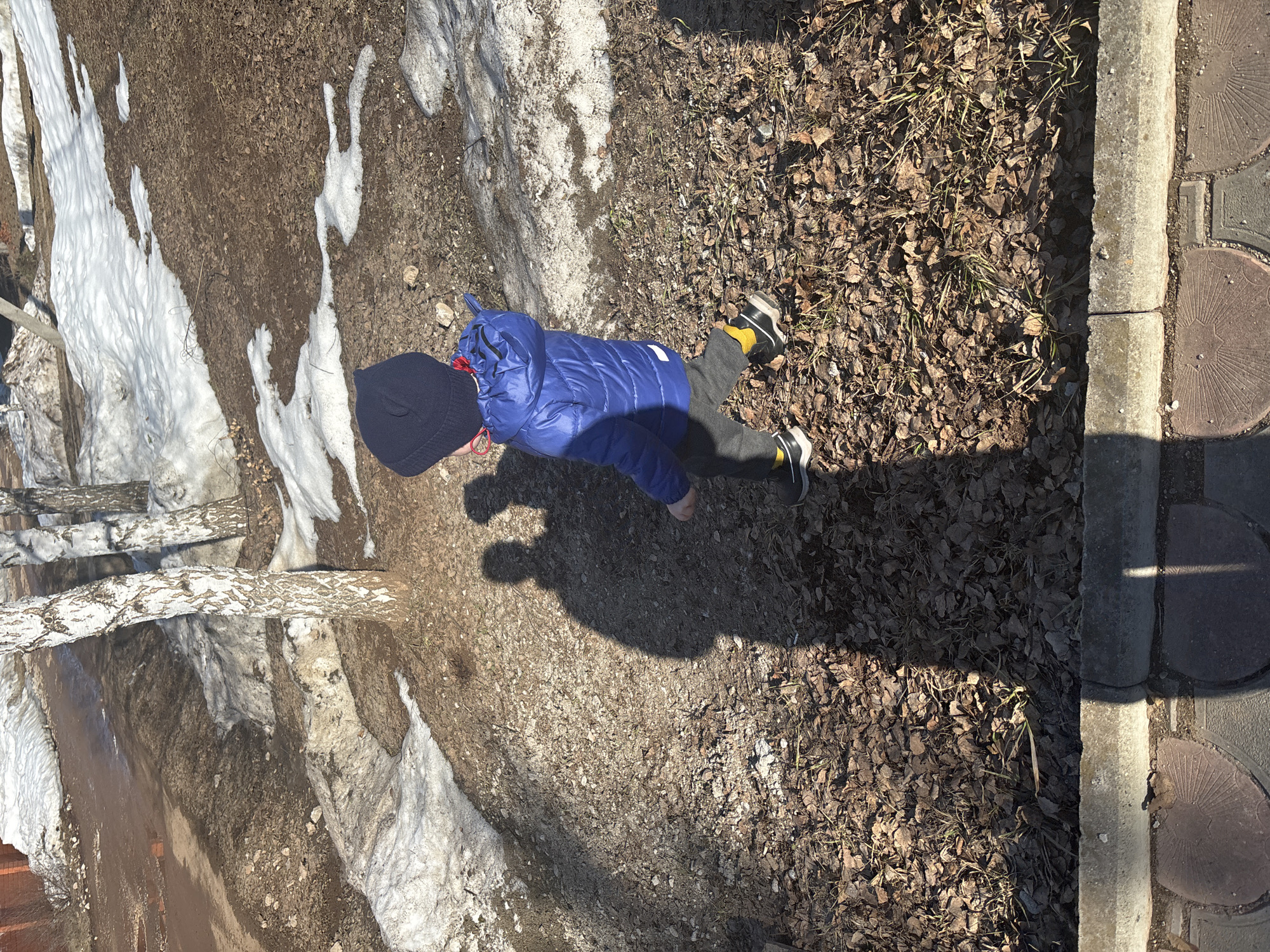 A child in a blue jacket and dark hat stands on a patch of ground covered in dry leaves and grass, adjacent to a sidewalk made of round pavers. Beside the leaf-covered ground, there is a transition to an area with snow-covered ground and a fallen tree branch. The location is Ферма, Russia. The child's shadow is cast on the ground.