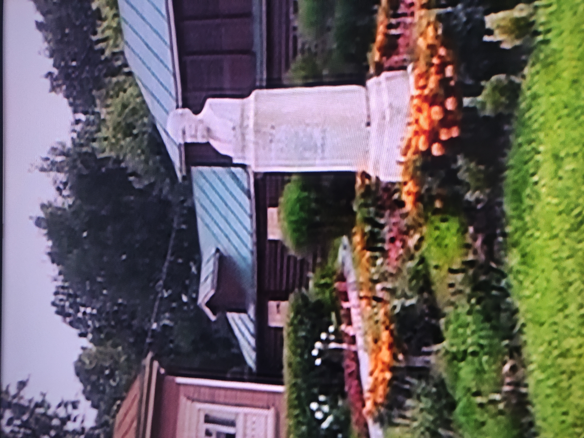 The image shows a bust statue in a garden setting. The statue is a light color and depicts a person's head and shoulders. Behind the statue, there is a building with a blue and white striped roof. In front of the statue, there are flowers and greenery. The specific location is likely a garden or park area in Pavlodar, Kazakhstan, given the context. The image is somewhat blurry and appears to be a photograph of a screen.