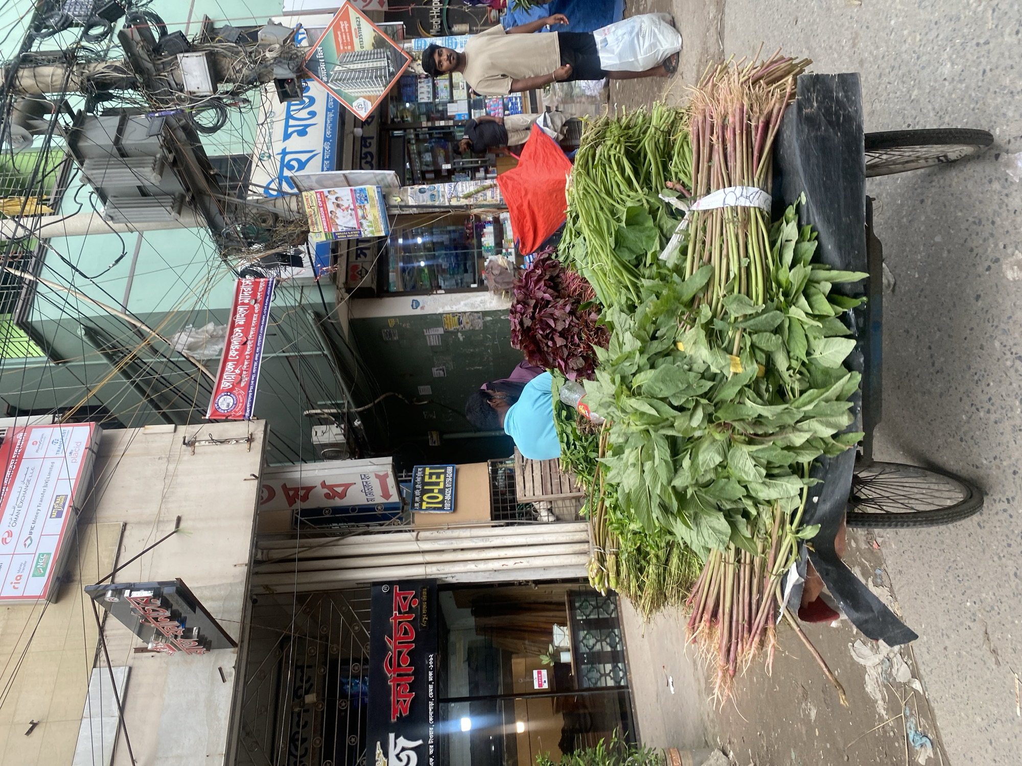 The image depicts a street scene in Dhaka, Bangladesh, featuring a vibrant market stall overflowing with fresh produce. In the foreground, a cart is laden with large bundles of leafy green vegetables and red amaranth, their roots still attached, suggesting they have been recently harvested. The vegetables are neatly tied with white straps. A person in a blue shirt is partially visible behind the produce, possibly a vendor or customer.
The background reveals a bustling urban environment. Several shop fronts are visible, including a furniture store with a prominent red and black sign displaying Bengali text, and another shop with "TO-LET" signage. A street vendor, a young man wearing a beige t-shirt and black shorts, stands near the produce stall, holding a white plastic bag. He appears to be either a vendor or a customer, observing the surroundings.
The scene is characterized by a mix of commercial activity and everyday life. The buildings are multi-storied, with many overhead wires and electrical equipment suggesting a densely populated urban area. The street is paved, with some debris and dirt scattered on the ground, indicative of a busy city street. The overall atmosphere is one of a typical busy market day in Dhaka.
