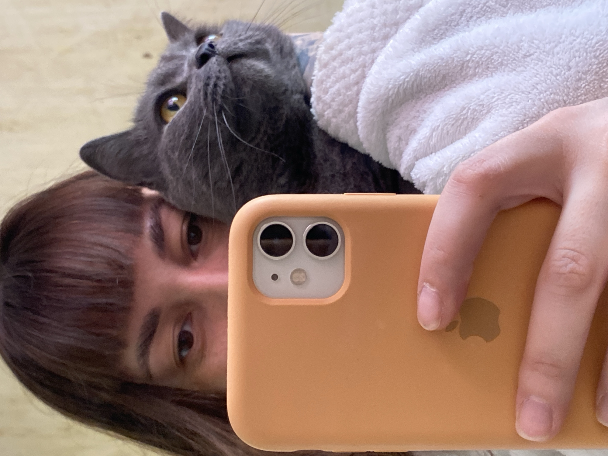 A rotated selfie photograph shows a person with brown hair and eyes holding an orange iPhone. A gray cat with yellow eyes is nestled against the person's head and partially covered by a white, fluffy blanket. The location is not discernable from the image.