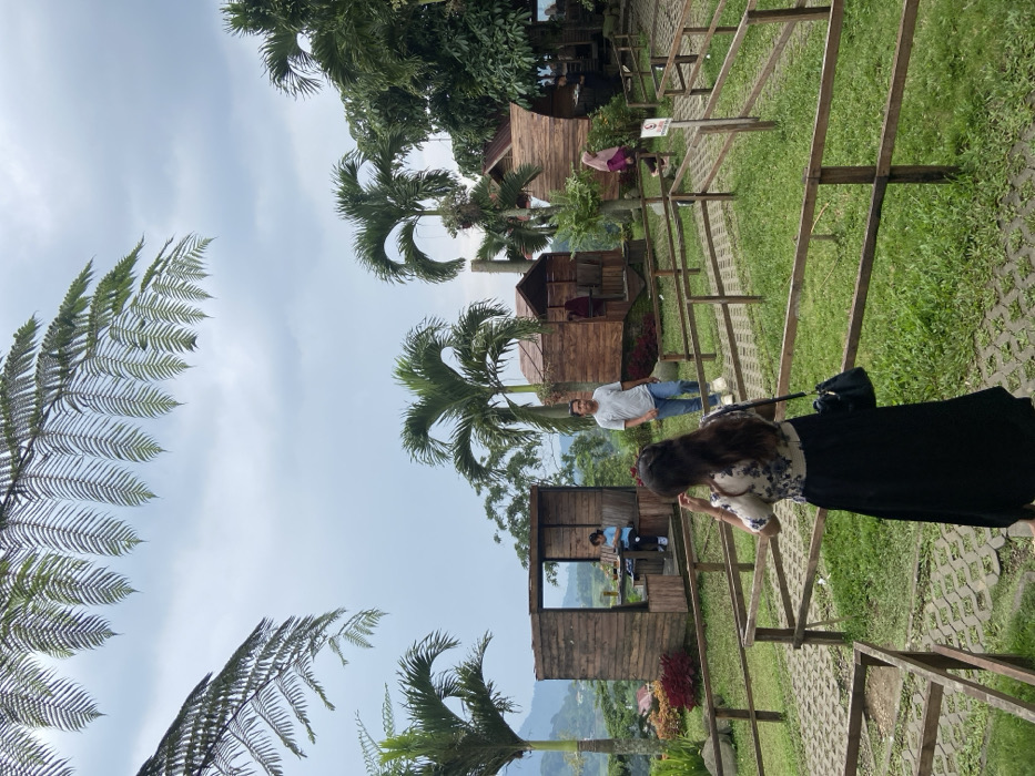 This image depicts an outdoor leisure area in Cembor, Indonesia, under an overcast sky. The scene is characterized by lush green grass, tropical vegetation, and several rustic wooden structures.

In the foreground, a female figure is observed from behind, standing on a paved pathway. She has long dark hair, wears a light-colored floral patterned top, a dark long skirt, and carries a black shoulder bag on her left side. Her right hand is near her head. The pathway, made of interlocking grey concrete blocks, is bordered by low wooden fences.

To the left midground, a distinct open-sided wooden structure with a table and bench seating is visible. Inside, a person in a blue shirt is seated, appearing to be dining or resting. Behind this structure, the landscape drops away, revealing distant green hills and scattered buildings under a hazy sky. Various small red and yellow flowering plants dot the grassy areas.

To the right of the foreground figure, a male subject walks towards the left, wearing a light grey t-shirt, blue jeans, and white athletic shoes. Behind him and to his right, several more wooden structures, some resembling small cabins or gazebos, are arranged on the sloping terrain. One such structure, slightly enclosed, is positioned on a raised platform, with a person in a pink hijab walking near its entrance. Other wooden structures are partially visible further to the right.

Tall palm trees are interspersed throughout the area, alongside other dense green foliage, including prominent fern-like fronds in the upper sections of the image. The overall environment suggests a resort or cafe setting designed for relaxation with scenic views. A red and white sign on a wooden post is partially visible near the pathway on the right.