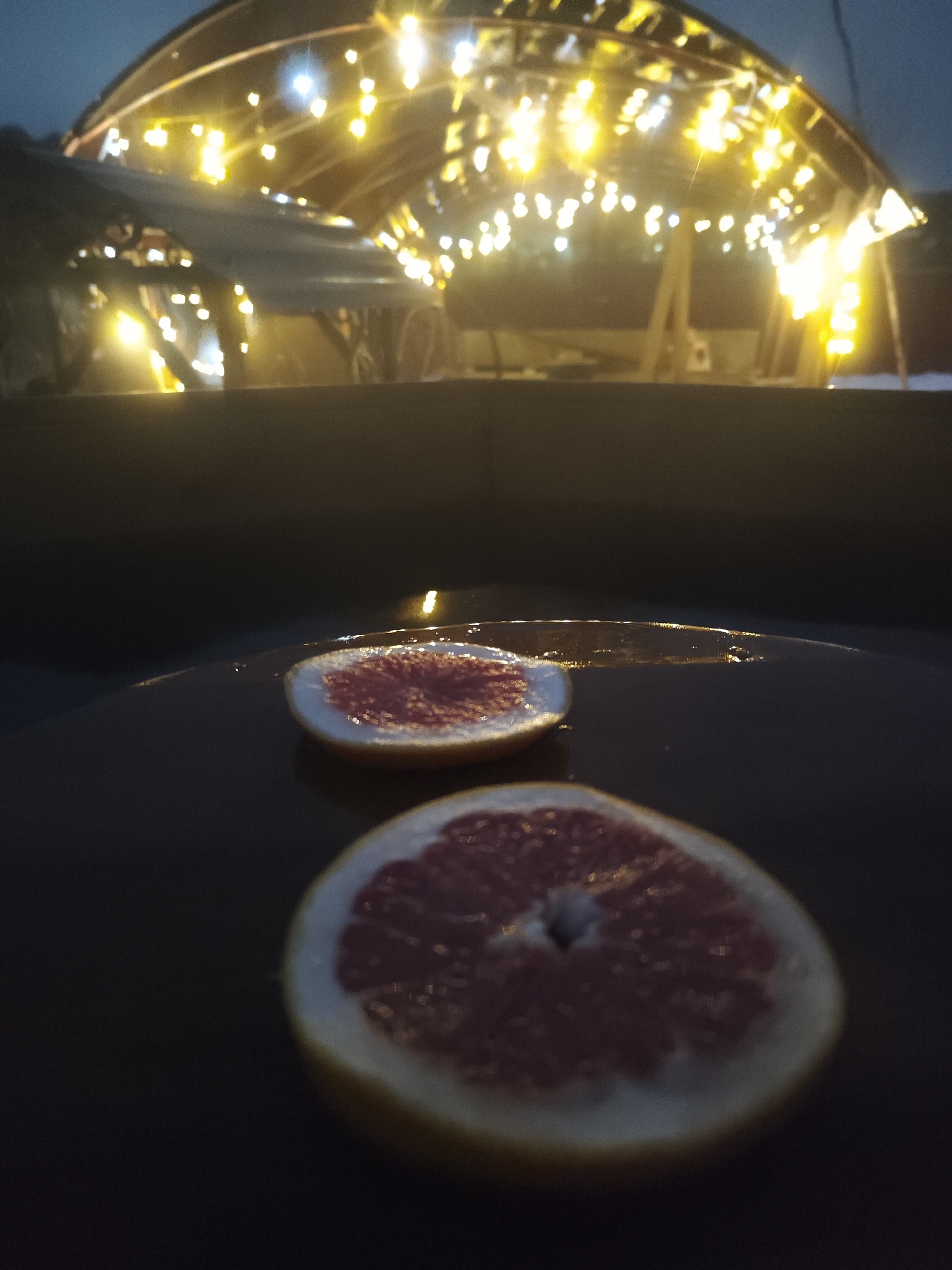 The image depicts two grapefruit slices on a dark, reflective surface, likely a wet table or ledge. In the background, out of focus, is a structure illuminated with string lights, possibly a gazebo or open-air pavilion. The lights cast a soft, warm glow in contrast to the darker surrounding environment. The overall scene suggests an outdoor setting at dusk or night. The location is specified to be in the city of Chaikovsky, Russia.