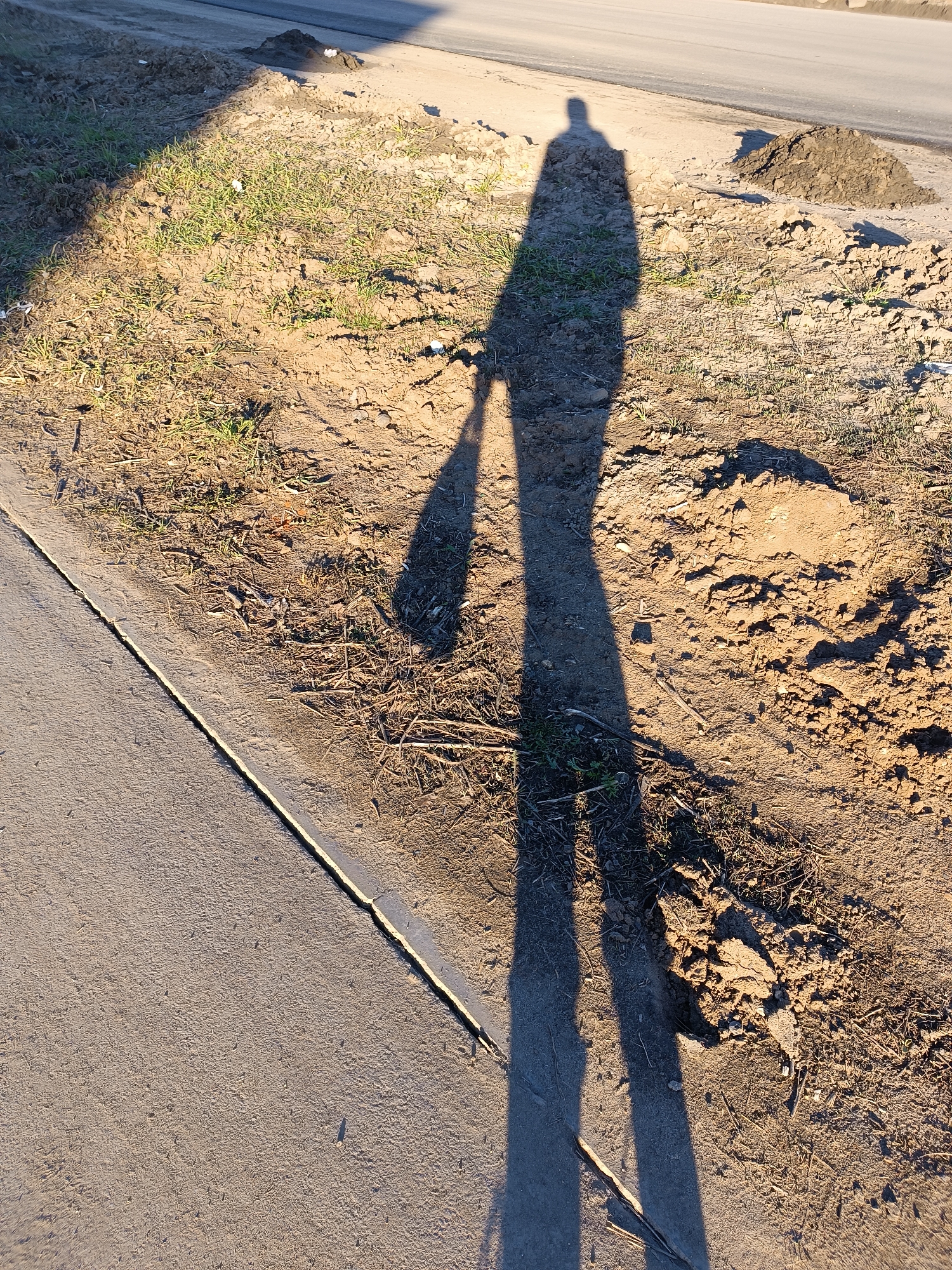 The image depicts a shadow of a person cast on a dirt and grass area adjacent to a concrete sidewalk and paved road. The shadow suggests the person is holding an object, possibly a bag or stick, in one hand. The scene is outdoors, likely on a sunny day. The dirt area shows signs of recent digging or disturbance, with some small piles of soil scattered around. There are patches of sparse grass growing in the dirt. Without additional information, pinpointing the precise location within Chaikovsky, Russia, is not possible.