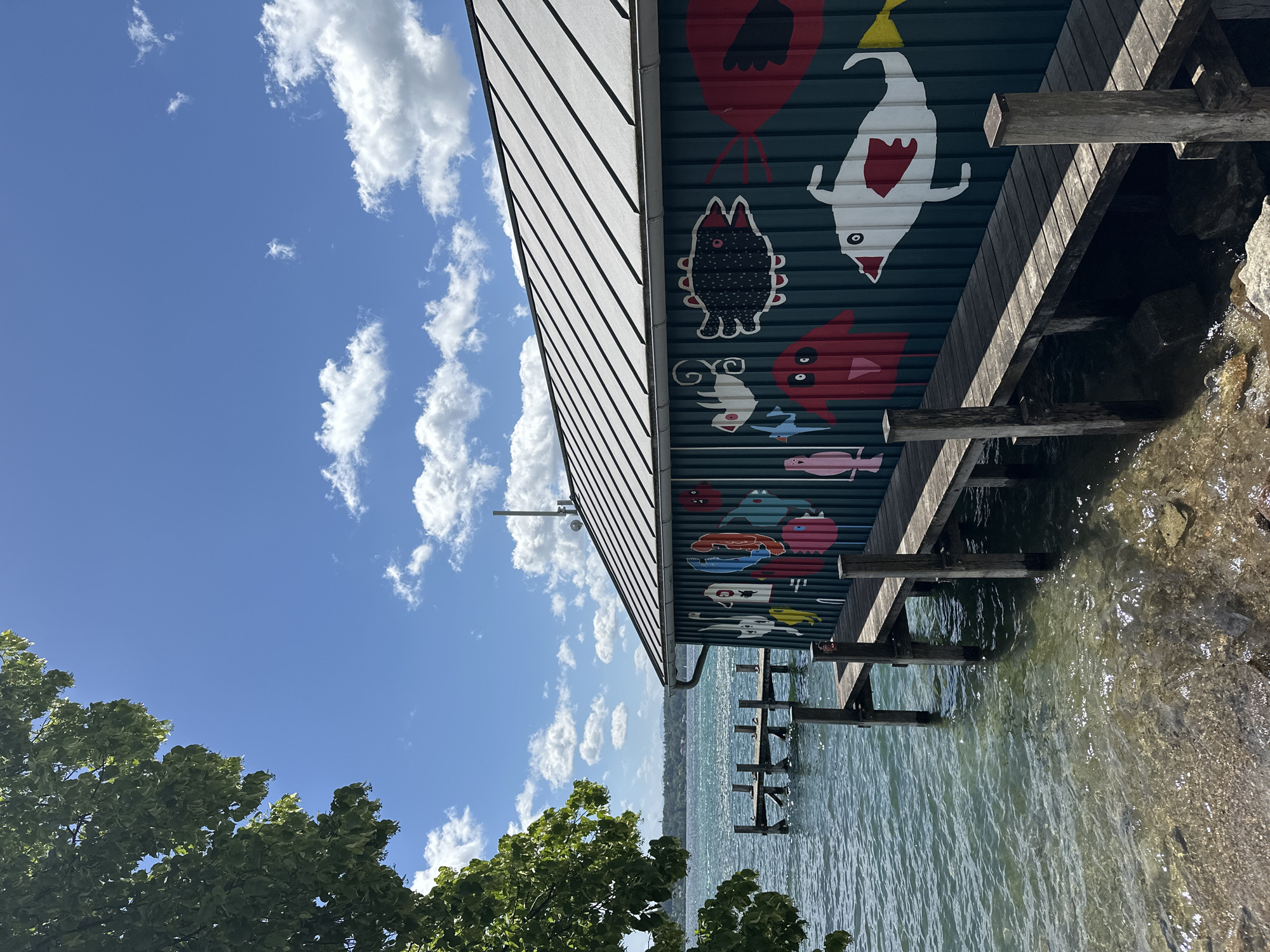 An exterior, eye-level, wide shot captures a boathouse adorned with colorful, stylized fish and bird murals, situated on the shore of a clear, calm lake. The boathouse, painted a dark teal, features a light gray, ribbed metal roof and a wooden boardwalk extending from its side onto the water. The lake's surface reflects the bright blue sky, which is dotted with white, puffy clouds. Lush green foliage from a nearby tree drapes into the upper left corner of the frame. In the distance, across the lake, a tree-lined shore is visible. A second, smaller wooden pier with pilings juts out into the water to the left of the boathouse. The scene is devoid of any people. This boathouse is located at the Starnberg Lake, in the town of Starnberg, Germany.