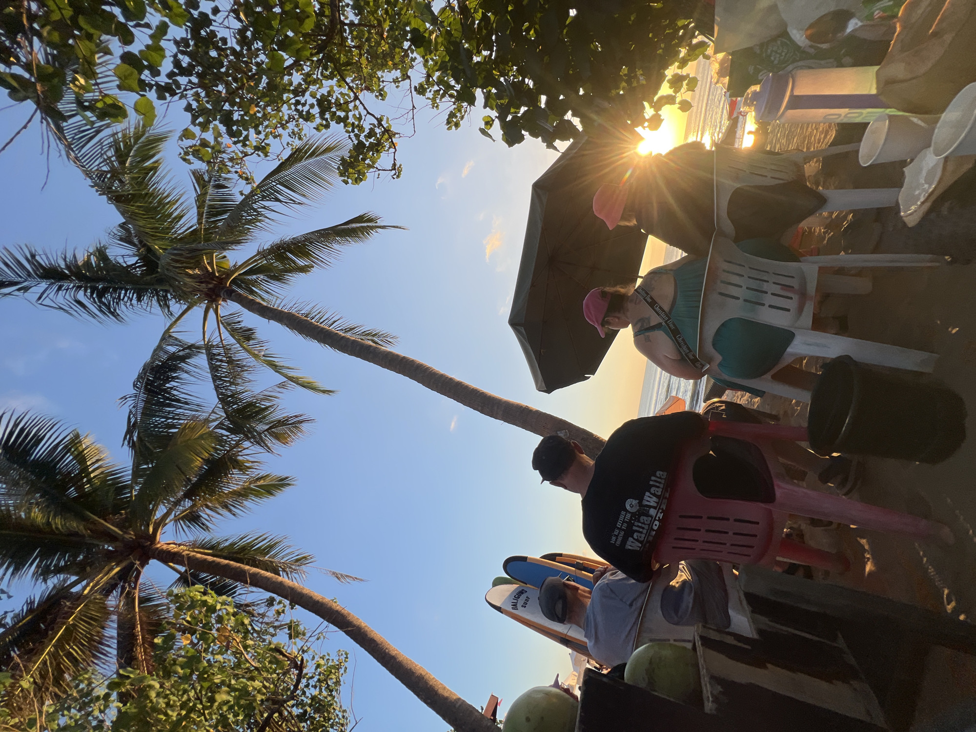 At sunset on Kuta Beach in Bali, Indonesia, four individuals are seated facing the ocean. Two individuals are positioned further back, one wearing a black t-shirt with "Walla Walla Hotel" printed on it, and another wearing a pink hat. Two individuals are seated closer to the foreground, one in a grey t-shirt and cap, and the other in a green top and pink hat. Two surfboards are propped up behind the individuals in the foreground. The scene includes palm trees, foliage, a beach umbrella, coconuts, cups, a water bottle, and a trash can, all bathed in the warm, golden light of the setting sun. The ocean is visible in the background, with a few small boats on the horizon.
