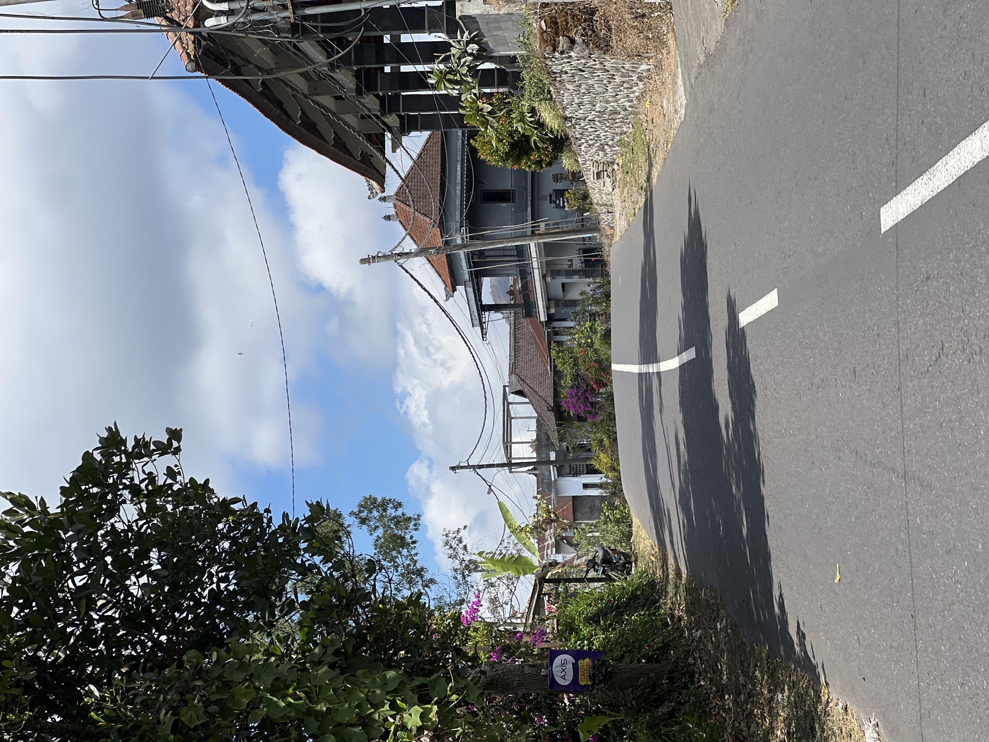 The image depicts a road curving uphill in Kintamani, Indonesia. The road is paved with asphalt and has a white dashed line marking the center, with additional white lines indicating the lane. On the left side of the road, there is lush green foliage, including a large tree with dense leaves and flowering plants with pink and purple blooms. A small purple sign with a white logo that reads "AXIS" is attached to a wooden post. Further along the road, a parked motorcycle is visible amongst the greenery.
On the right side of the road, a stone wall separates the road from a residential area. Several buildings with traditional tiled roofs are visible. One prominent building is gray with multiple levels and dark columns supporting an overhang. Electrical wires crisscross overhead, supported by utility poles. The sky is partly cloudy with patches of blue sky and white clouds. The overall impression is a rural or semi-rural setting with a blend of natural vegetation and residential structures.