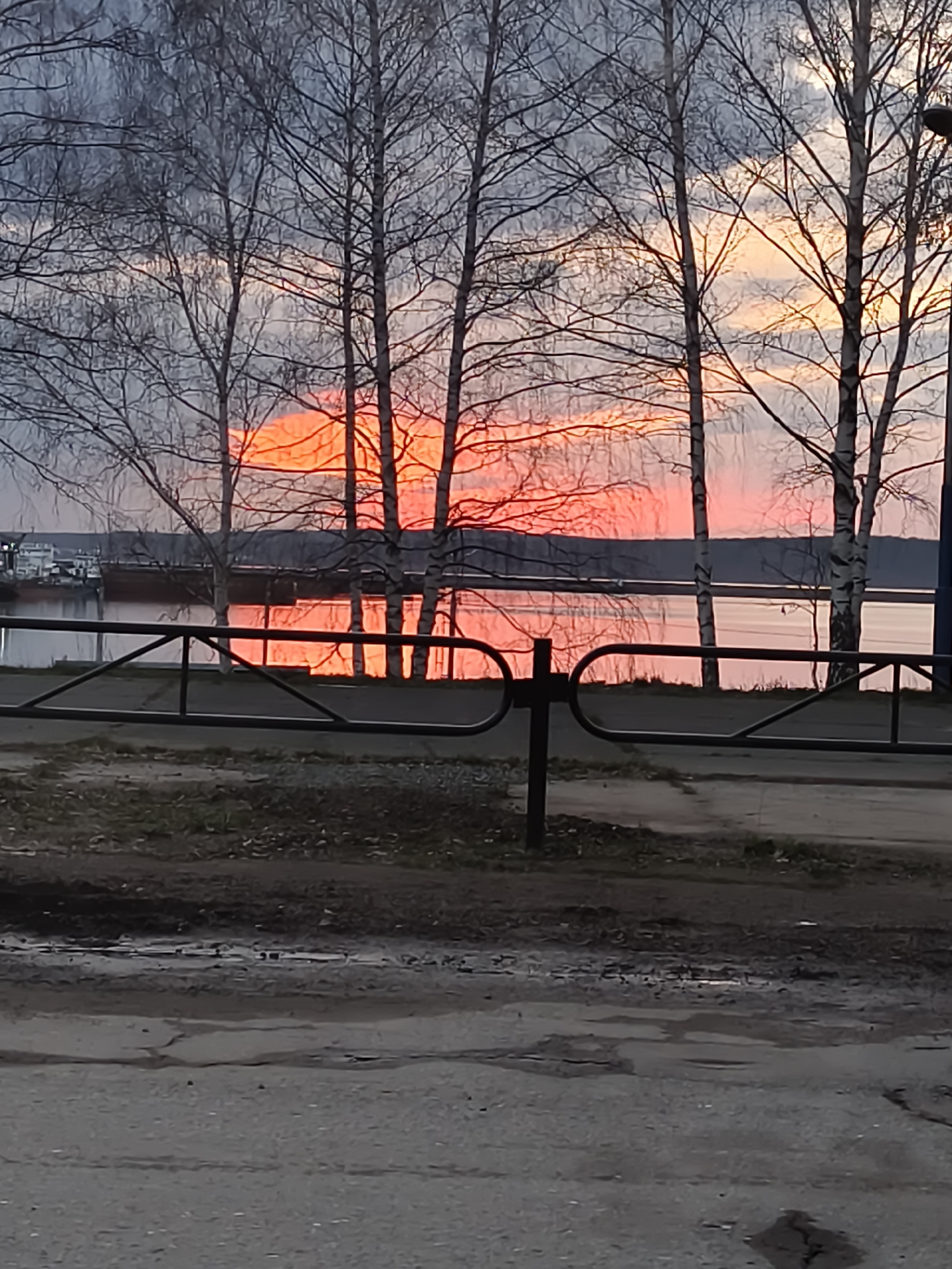 Here's a description of the image:
The image shows a view of a body of water reflecting a vibrant orange sunset. Silhouetted trees without leaves stand between the viewer and the water. A dark metal fence runs horizontally across the foreground. Beyond the water, a dark treeline is visible, with a barge or other structure on the water. The foreground features a paved surface with puddles. The scene gives the impression of being at the edge of a city in Unknown, Unknown.