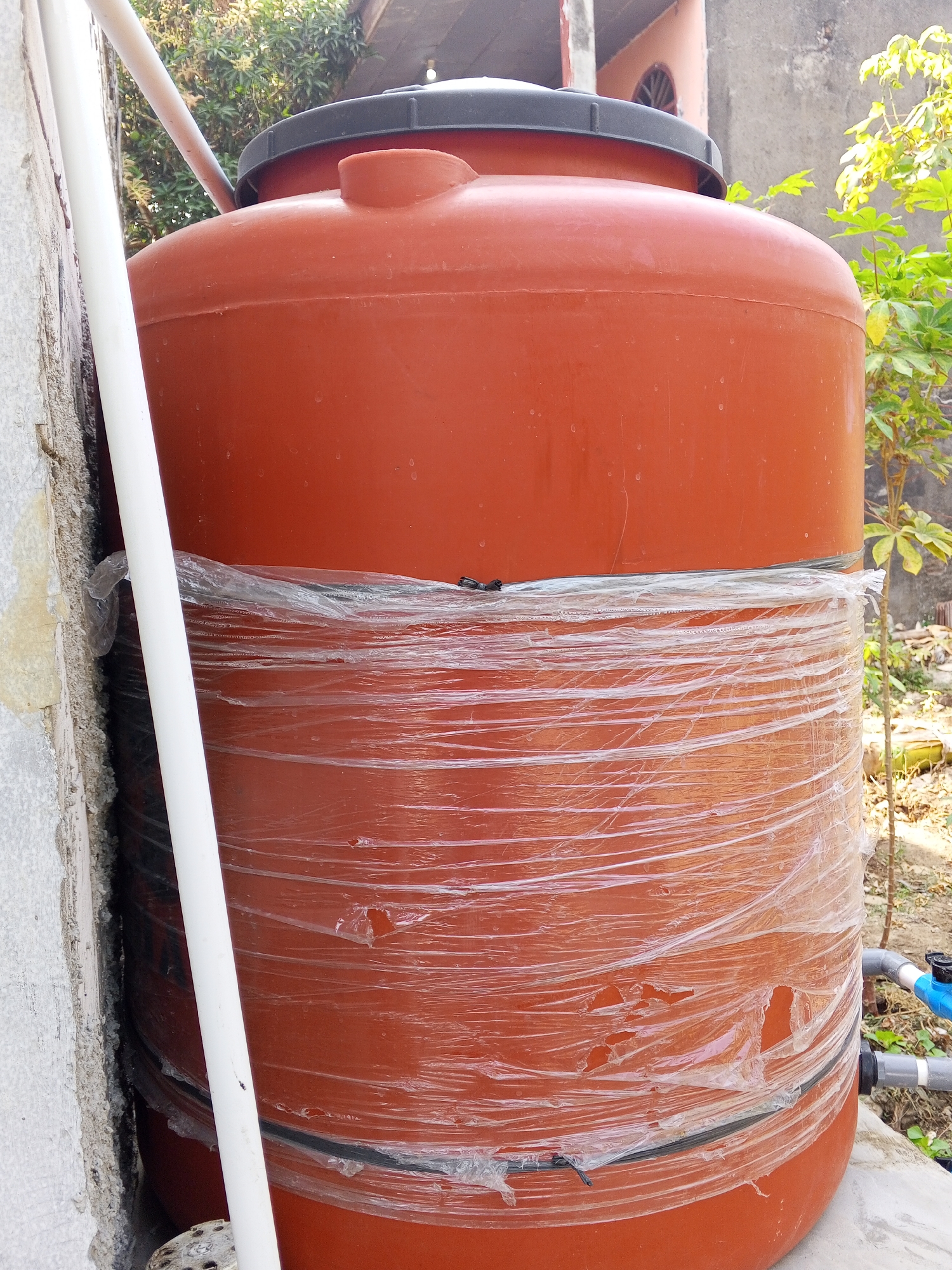 An outdoor medium shot captures an orange plastic water tank situated next to a textured concrete wall on the right side. A white PVC pipe runs vertically along the left edge of the frame, adjacent to the wall. The water tank, approximately two-thirds of the way up, is wrapped in clear plastic sheeting. Some of the sheeting is torn, revealing more of the orange surface beneath. A dark band encircles the tank just below the plastic wrap. The top of the tank features a black lid with a small, raised nozzle. In the background, to the right of the tank, is a building with a pink facade and a grey concrete wall, partially obscured by green foliage. The ground appears to be dirt with some dry leaves. The scene is illuminated by natural sunlight.