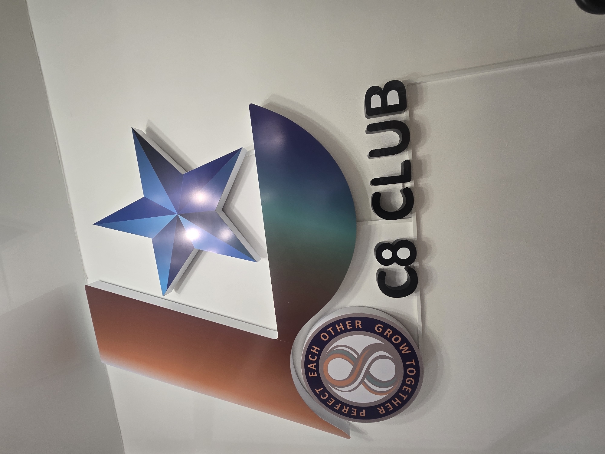 The image shows a close-up of a wall with a logo and text. The logo features a stylized "L" shape with a gradient of brown and orange on the left, and a blue gradient crescent shape on the right, topped by a blue star. Below the logo, a circular emblem contains the text "PERFECT EACH OTHER GROW TOGETHER" in a circle around a graphic of two interlocked eights. To the right of the emblem, the text "C8 CLUB" is displayed in large, black, three-dimensional letters against a white background. The lighting appears to be artificial and casts shadows on the wall. There is no visible indication of the city of Ulan-Ude, Russia, or any people in the image.