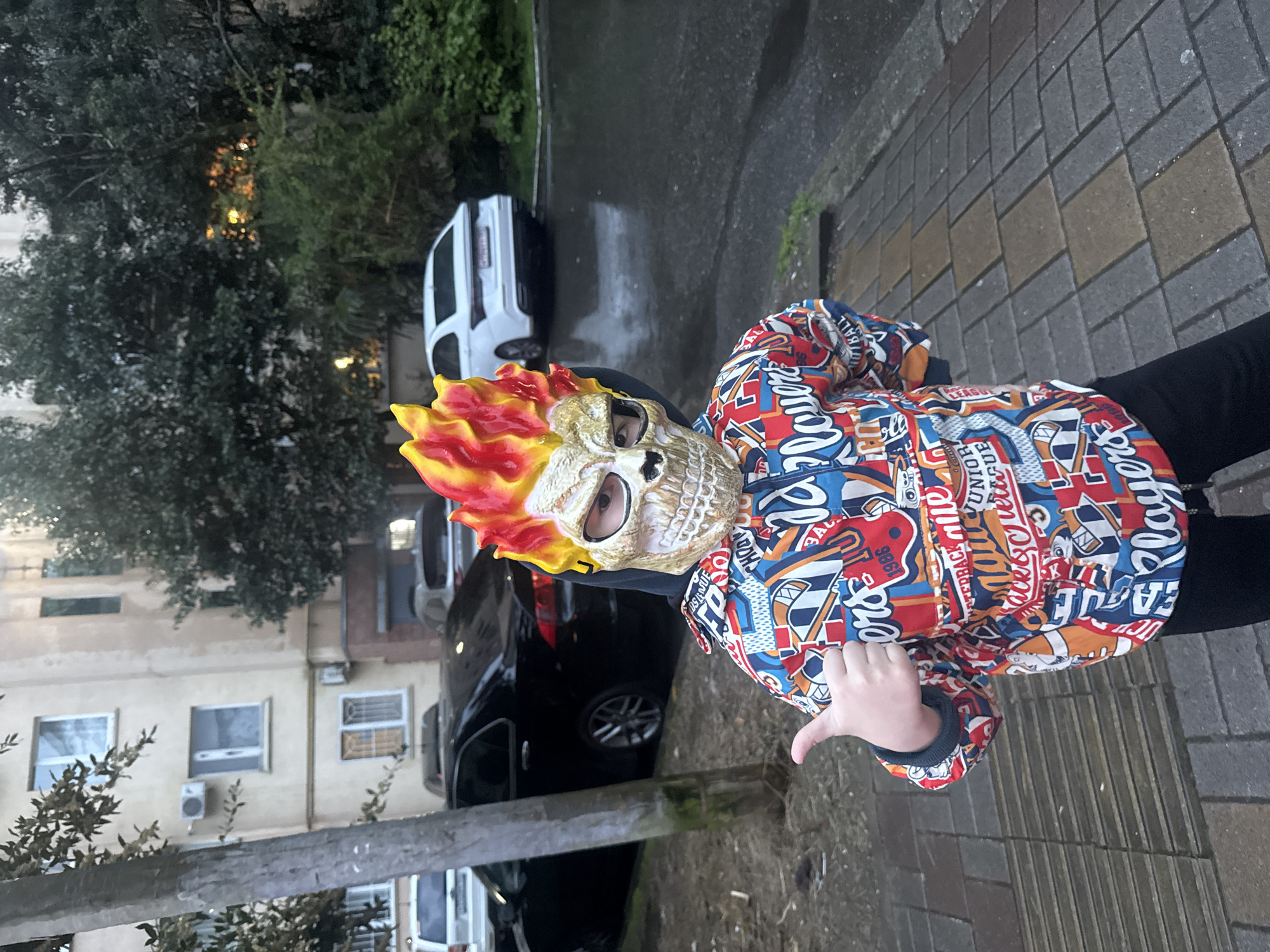 A young child wearing a fiery skull mask and a colorful jacket stands on a paved surface, giving a thumbs-down gesture. The mask resembles the Ghost Rider character, featuring a golden skull with bright red and yellow flames emanating from the top and sides. The child's jacket is adorned with various English words and graphics, including "JUNIOR," "PLAYERS," "LEAGUE," "1986," "ALL STAR," and "BALL," suggesting a sports or American-themed design. The child also wears dark pants.
The setting appears to be a residential street in Sochi, Russia. In the background, two cars are parked: a white van, possibly a Mercedes-Benz, and a dark-colored sedan. Behind the vehicles, several multi-story buildings, likely apartments, are visible with multiple windows and some air conditioning units. Lush green trees and foliage are present throughout the scene, both behind the buildings and partially obscuring parts of the background. The ground, a mix of asphalt and grey/beige paving stones, appears damp, suggesting recent rain. The lighting is somewhat dim, indicating either an overcast day or late afternoon/early evening.