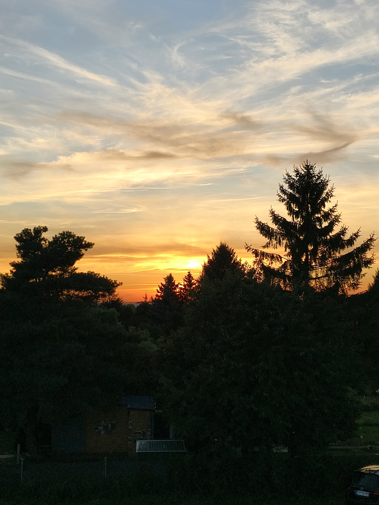 The image depicts a scenic sunset over a wooded area, with a small building and a parked car visible. The sky displays a gradient of colors, from pale blue at the top to warm oranges and yellows near the horizon, with wispy clouds scattered throughout. Silhouetted against the sunset are numerous trees, including a prominent tall fir tree in the right half of the frame. In the lower left portion of the image, a small, yellow-walled building with a dark roof and a broken window is partially obscured by trees. A dark-colored car with a license plate is parked to the right of the building, near the edge of the frame. The overall setting appears to be a rural or semi-rural environment, likely on the outskirts of Tczew, Poland.