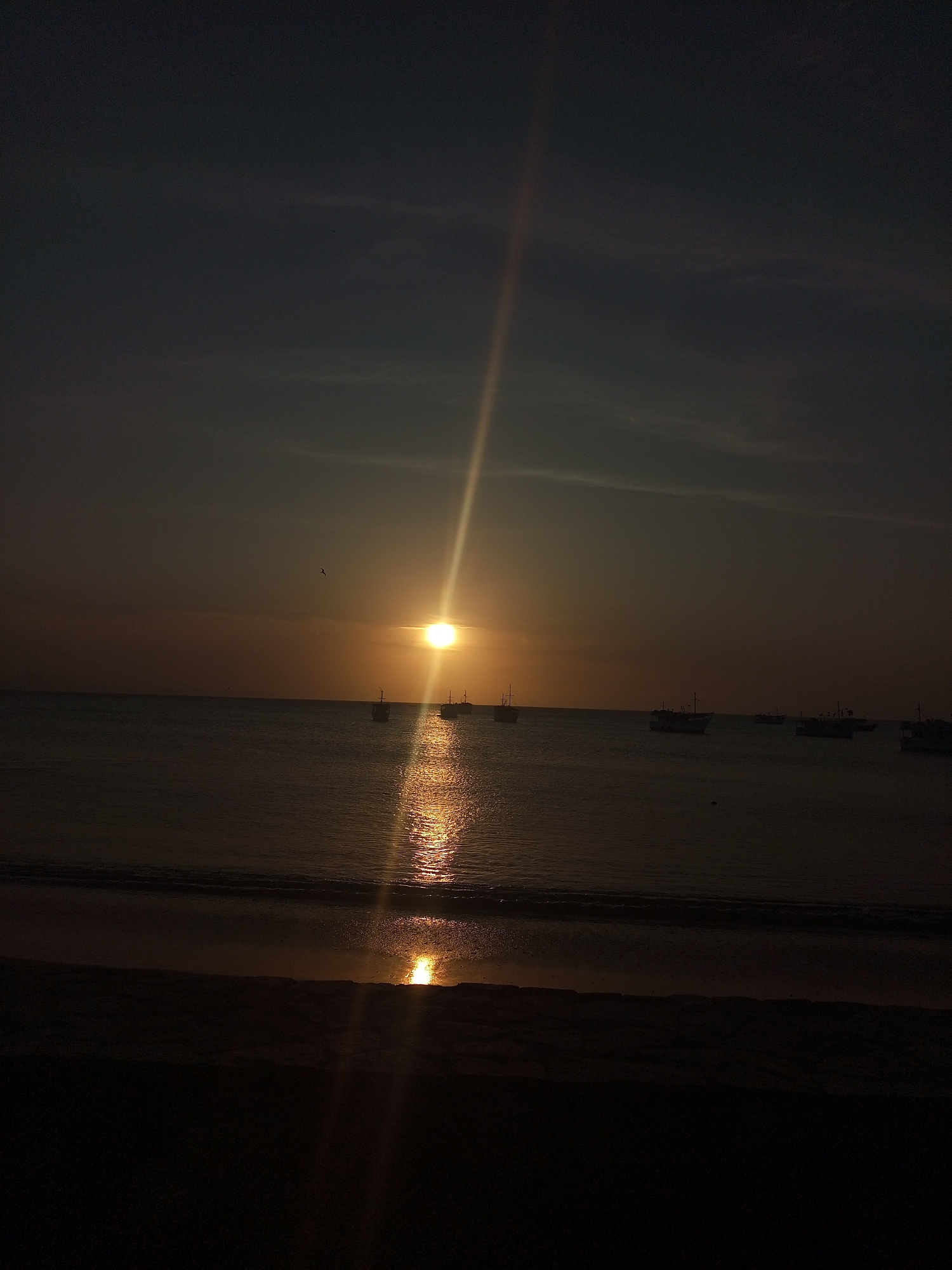 The image captures a sunset scene on the coast of Juan Griego, Venezuela. The sun is setting over the ocean, with a bright streak of light extending from the sun towards the viewer. Several silhouetted boats are visible on the water. The beach in the foreground is dark, suggesting a low-light environment. A small bird is visible in the sky.