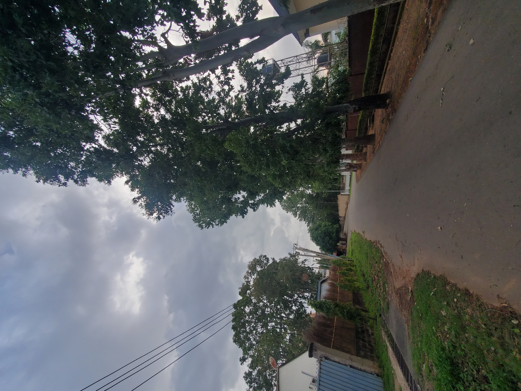 The image depicts a view of a paved road in a residential area of Jos, Nigeria, under a cloudy sky. Tall trees with dense green foliage line both sides of the road, casting shadows. On the left, a white building with a blue metal gate and a fence made of brown woven material is visible. Power lines stretch across the sky. On the right side of the road, further down, a tall metal water tower with two black tanks is visible, along with more trees and buildings. The road surface appears slightly worn. The overall impression is a quiet, overcast day in a suburban neighborhood.
