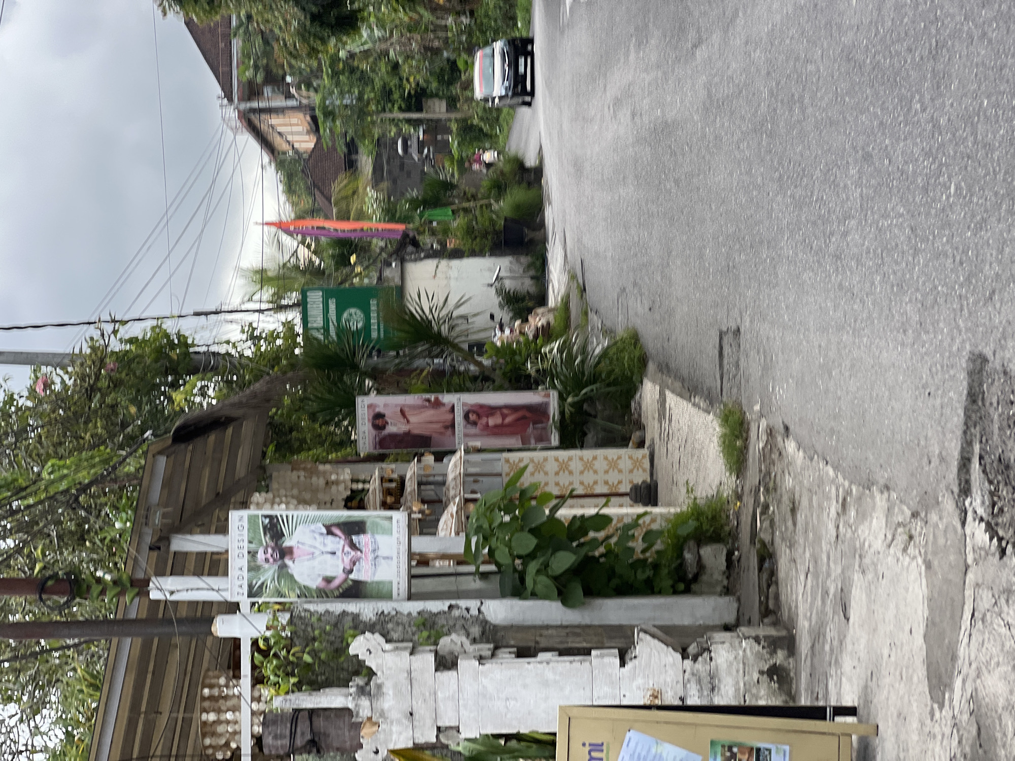 The image depicts a street scene in Ubud District, Indonesia. A narrow asphalt road stretches into the distance, with a black car visible further up the road. The roadside is lined with vegetation and structures adorned with promotional posters for "ZADA DESIGN" with images of people wearing clothing and other promotional photographs. The structures appear to be walls or sections of buildings, constructed from white stone. Utility poles with visible power lines run along the roadside. In the background are buildings with pitched roofs and other greenery. An orange banner is displayed on one of the buildings. The sky is overcast.