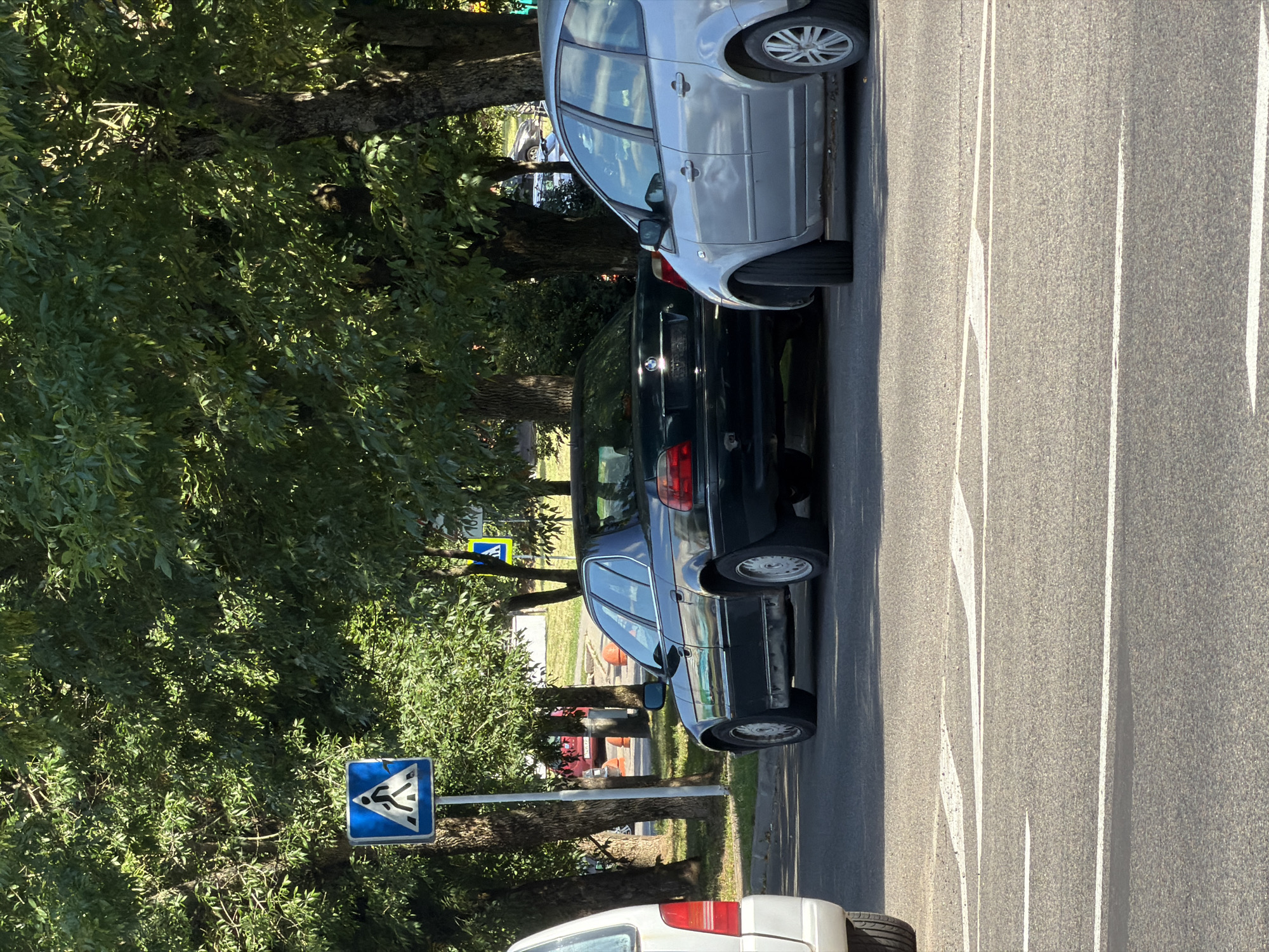 The image depicts a street scene in Minsk, Belarus, with trees lining the side of the road. In the foreground, a pedestrian crossing is marked by white lines on the asphalt. A blue and white pedestrian crossing sign is visible on the left. Several cars are parked on the right side of the road. A dark-colored sedan, possibly a BMW, is parked in the middle, and a silver minivan or hatchback is parked to its right. The trees provide shade, with sunlight dappling through the leaves. The overall environment suggests a typical urban street on a sunny day.