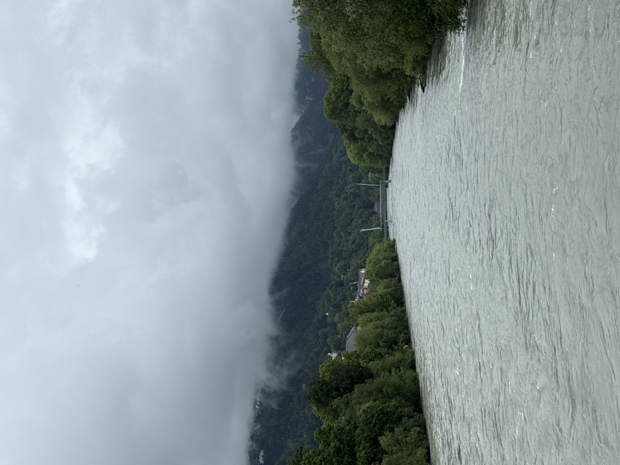 The image depicts a wide, turbulent river flowing through a city, likely Innsbruck, Austria, under a heavily overcast sky. The river, appearing muddy and grey, occupies the majority of the foreground and midground, with visible ripples and whitecaps indicating a strong current. Along the banks, dense green trees and vegetation line the foreground and midground, with some buildings, possibly residential or commercial, partially visible nestled amongst the trees on the left bank. In the background, a steep, tree-covered mountain rises, its upper reaches obscured by thick, low-hanging clouds, creating a dramatic and somewhat somber atmosphere. A modern bridge with slender supports spans the river in the midground. The overall scene is one of natural power contrasted with urban development, under a moody sky.