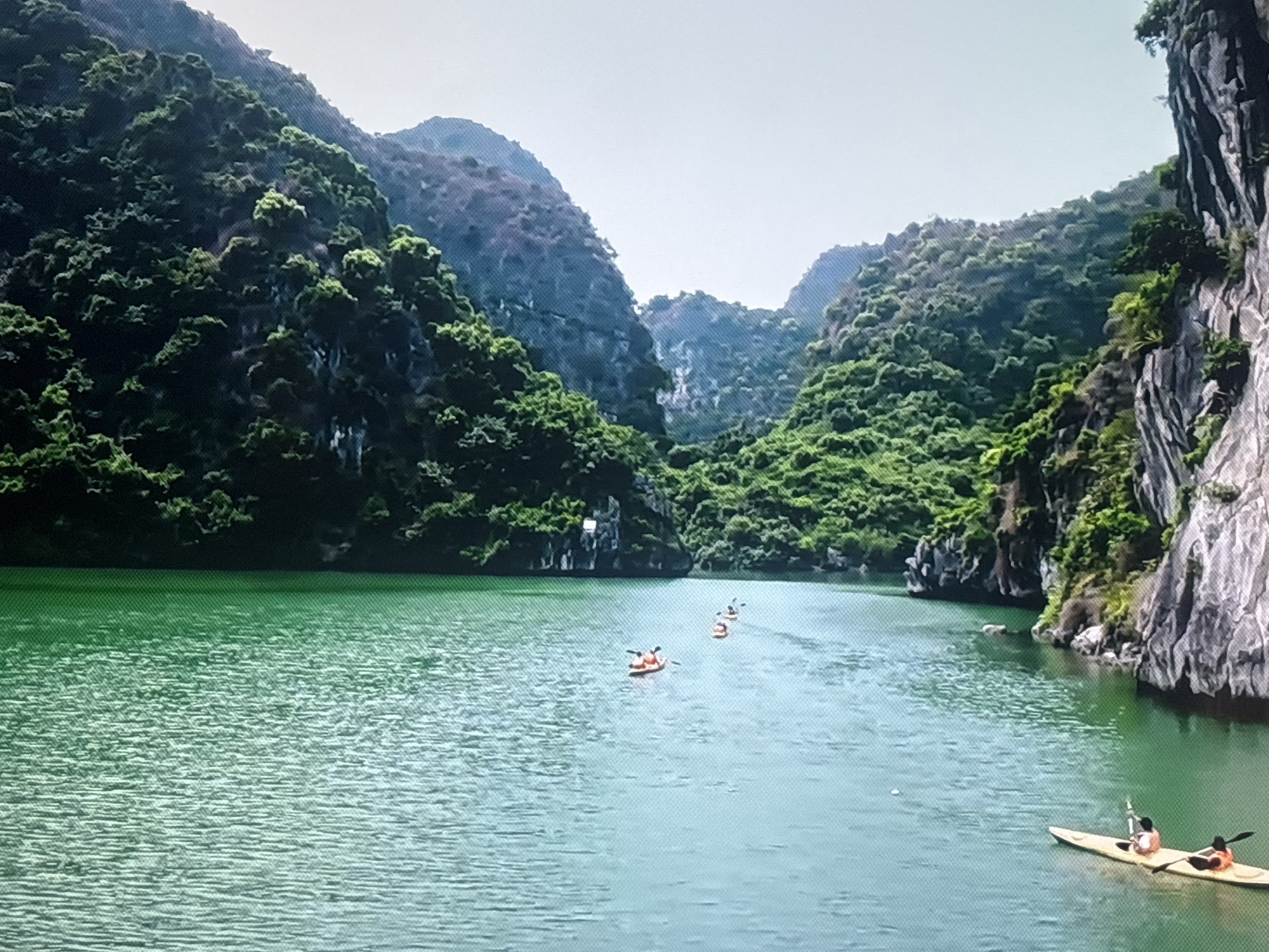 The image depicts a scenic waterway with limestone karsts covered in lush vegetation. Several kayaks are visible on the emerald green water. In the foreground, a double kayak carries two individuals wearing orange life vests, paddling towards the right. Further in the distance, three more kayaks are scattered across the water, with occupants also visible. The karsts rise steeply on either side of the waterway, creating a dramatic and enclosed landscape. The sky is overcast and pale. There is no visible connection to Valladolid, Spain in this image.