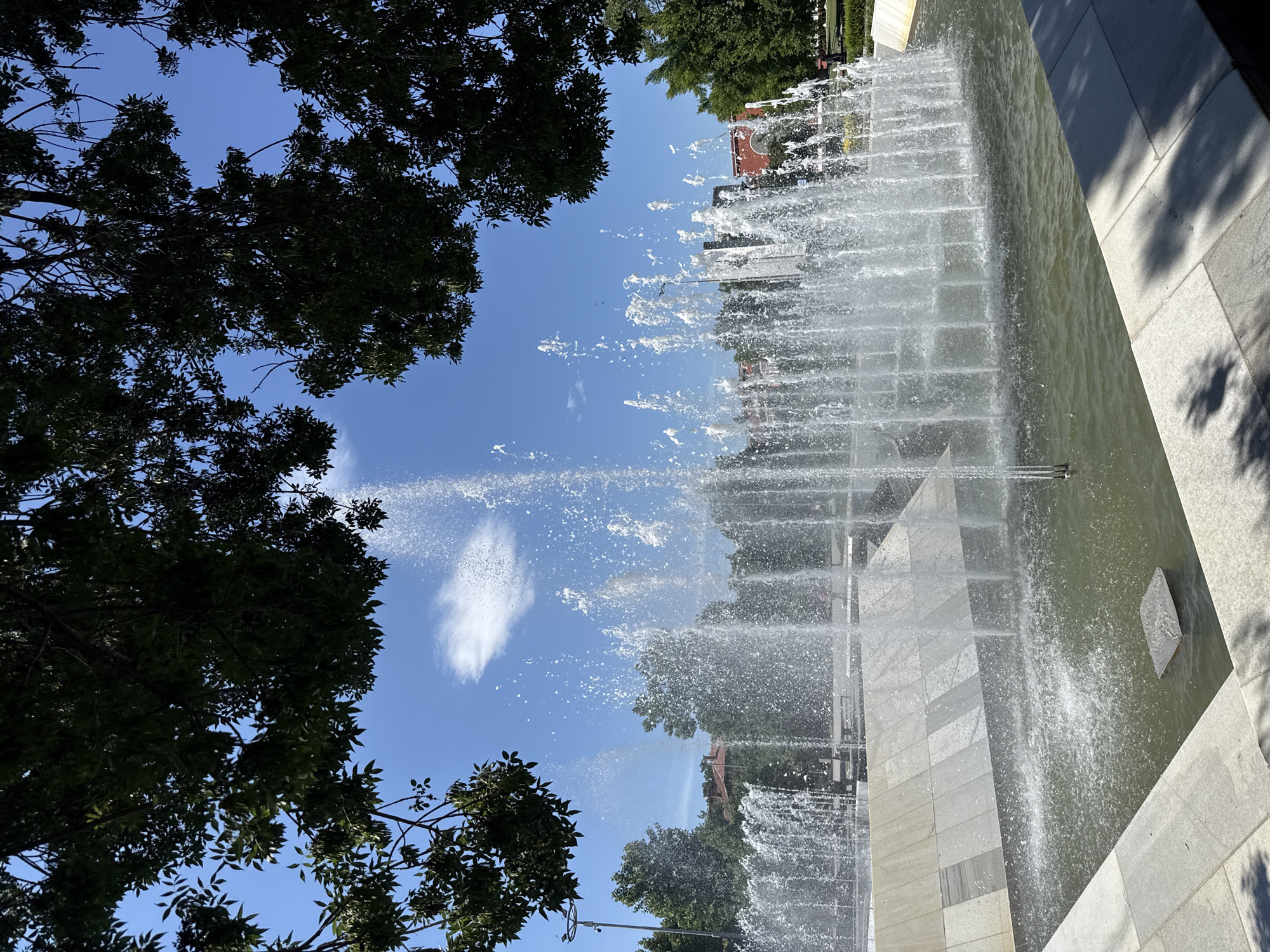 The image depicts a large, multi-tiered fountain in a public space, likely a park or city square in Pleven, Bulgaria, given the context provided by the user. The fountain is in operation, with numerous jets of water spraying upwards and outwards, creating a dynamic visual effect. In the foreground, the water of the fountain pool is visible, with a few flat, square stones submerged or partially submerged in it. The edges of the pool are lined with light-colored paving stones.
Behind the fountain, a stepped, angular structure made of light-colored stone or concrete is visible, also part of the fountain's design. Beyond this, in the middle ground, is a line of trees and some buildings. One building in the background is distinctively red with architectural details. Further back, more trees are visible, and the sky is a clear, bright blue with a single white cloud.
Framing the top of the image are the dark green leaves and branches of trees, casting shadows on the scene below, suggesting a sunny day and the presence of mature trees in the vicinity. The overall impression is one of a vibrant, open-air public space on a clear day, with the fountain as the central feature. No people are clearly identifiable in the image, though blurry shapes in the distance might suggest their presence. The scene is captured from a low angle, looking slightly upwards towards the sky and the operation of the fountain.