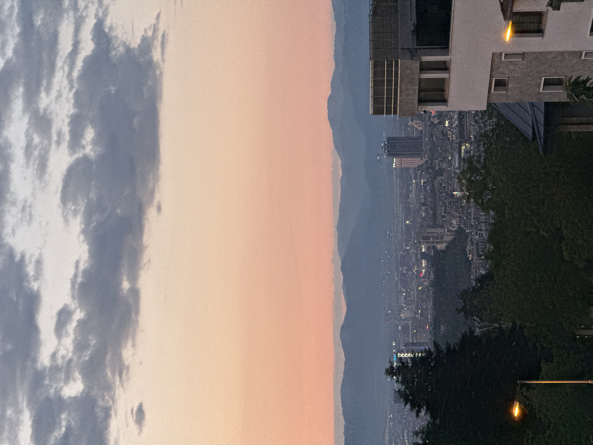 The image shows a panoramic view of Sofia, Bulgaria, during dusk or dawn. In the foreground, dark green trees dominate the lower left and right of the frame, with a street lamp illuminating the left side. A modern building with light-colored facades and dark-tinted windows is visible in the lower right corner, featuring a rooftop structure with railings. In the midground, a dense cityscape stretches across the valley, with numerous buildings and lights twinkling. Two prominent modern skyscrapers stand out: one with a white facade and a crane on top, and another taller, darker structure. In the background, a range of blue-toned mountains forms the horizon line, partially obscured by a hazy atmosphere. The sky is a gradient of soft orange and pink hues, transitioning to a darker blue-grey with scattered clouds at the top of the frame. The overall scene depicts a city at the foot of mountains during twilight.