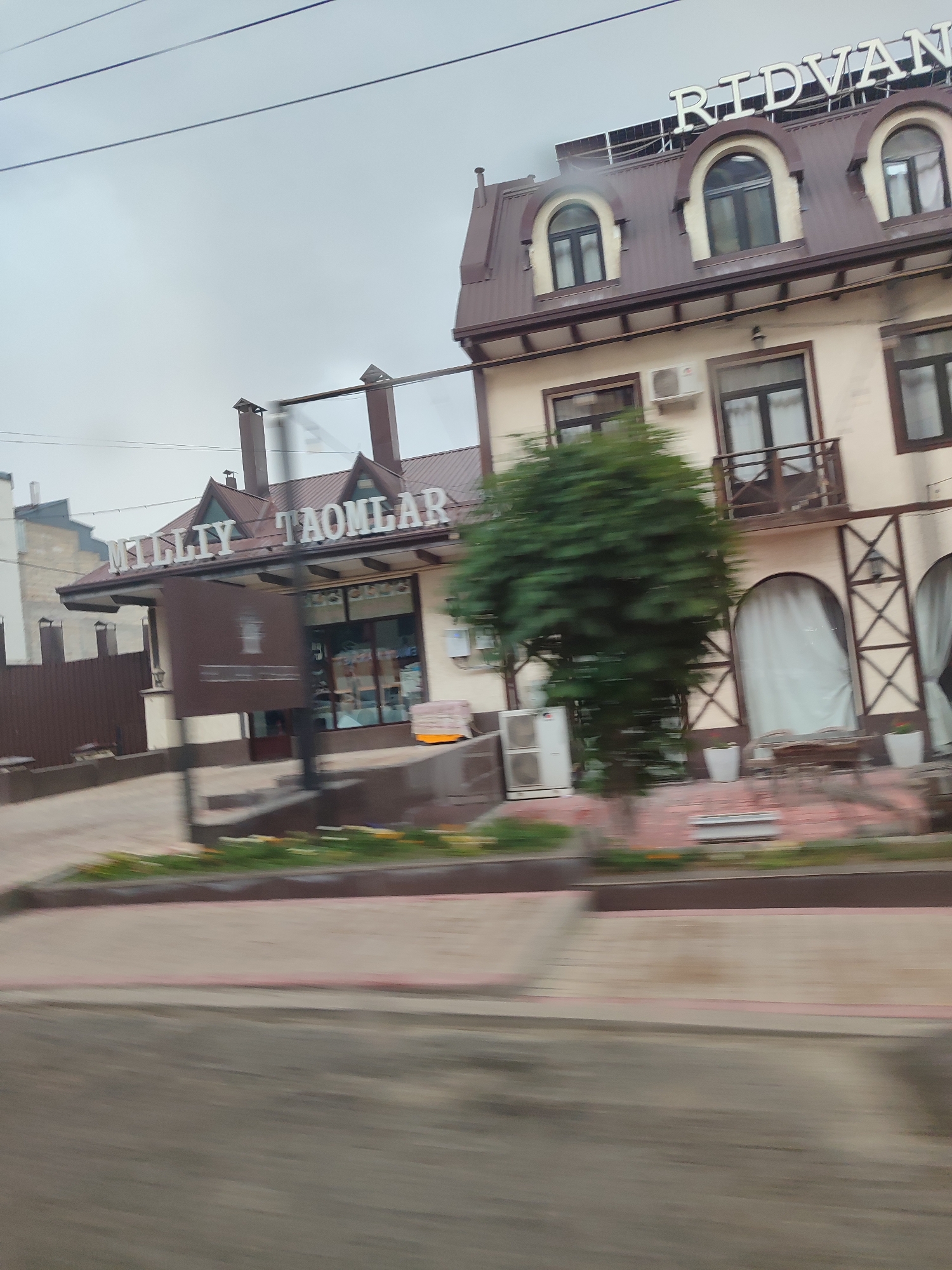 A side view, taken from a moving vehicle, shows a multi-story building in Tashkent, Uzbekistan. The building features a brown tiled roof with dormer windows and a sign that reads "RIDVAN" in large, silver letters. Below this, another sign reads "MILLIY TAOMLAR" in similar silver lettering. The building's facade is beige, with dark-framed windows and balconies. A large, leafy green tree stands in front of the building. In the foreground, a street with blurred traffic is visible, indicating the camera's motion. The sky is overcast.