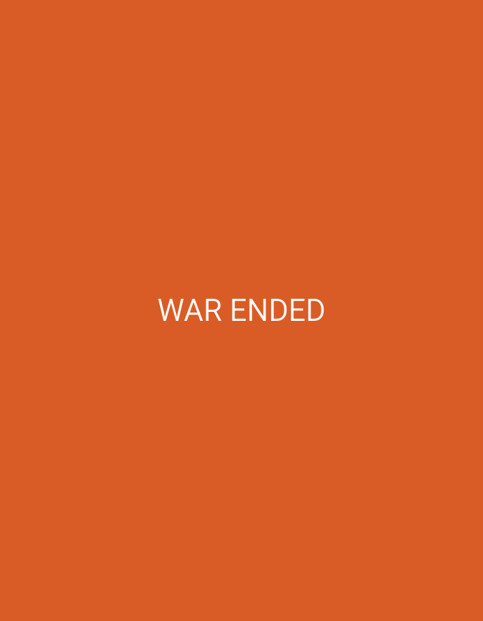 The image is a plain orange background with white text in the center that reads "WAR ENDED". There is no discernible location in the city of Burgas, Bulgaria, nor are there any people, subjects, objects, or actions depicted.
