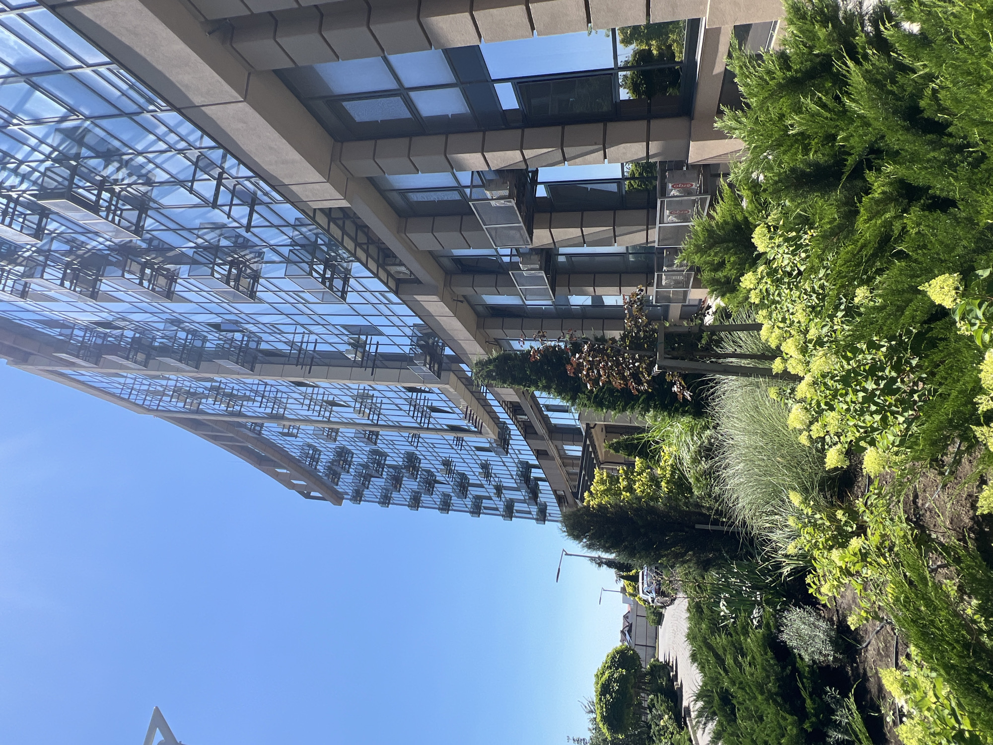 A low-angle, medium shot captures a modern, multi-story building with a facade dominated by large, reflective glass windows. The building's exterior is a neutral beige color, with vertical stone-like accents. Small, dark balconies or external air conditioning units are visible on some of the upper floors. In the foreground, a lush, well-maintained garden features various green shrubs, ornamental grasses, and flowering plants with pale green blooms. A paved pathway leads away from the building and into the garden, with a parked car visible in the distance. The sky is a clear, bright blue. The scene is set in the city of Fontanka, Ukraine.
