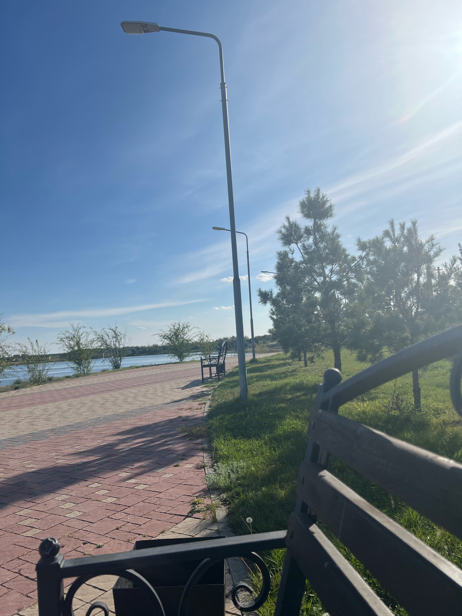 A wide shot captures a waterfront promenade on a clear, sunny day in Kostanay, Kazakhstan. The promenade is paved with red and grey rectangular bricks, leading towards a calm body of water. A black metal bench with a backrest is positioned on the grass beside the path, facing the water. Several young evergreen trees line the path, their branches casting shadows on the pavement. Tall lampposts stand along the promenade, one prominent one with a white fixture on the left and another smaller one further down. In the background, the water stretches out, with a distant shoreline visible under a bright blue sky streaked with wispy white clouds. The sun is high in the sky, creating a lens flare on the right side of the frame. A dark metal fence partially obscures the foreground, with decorative curls visible.