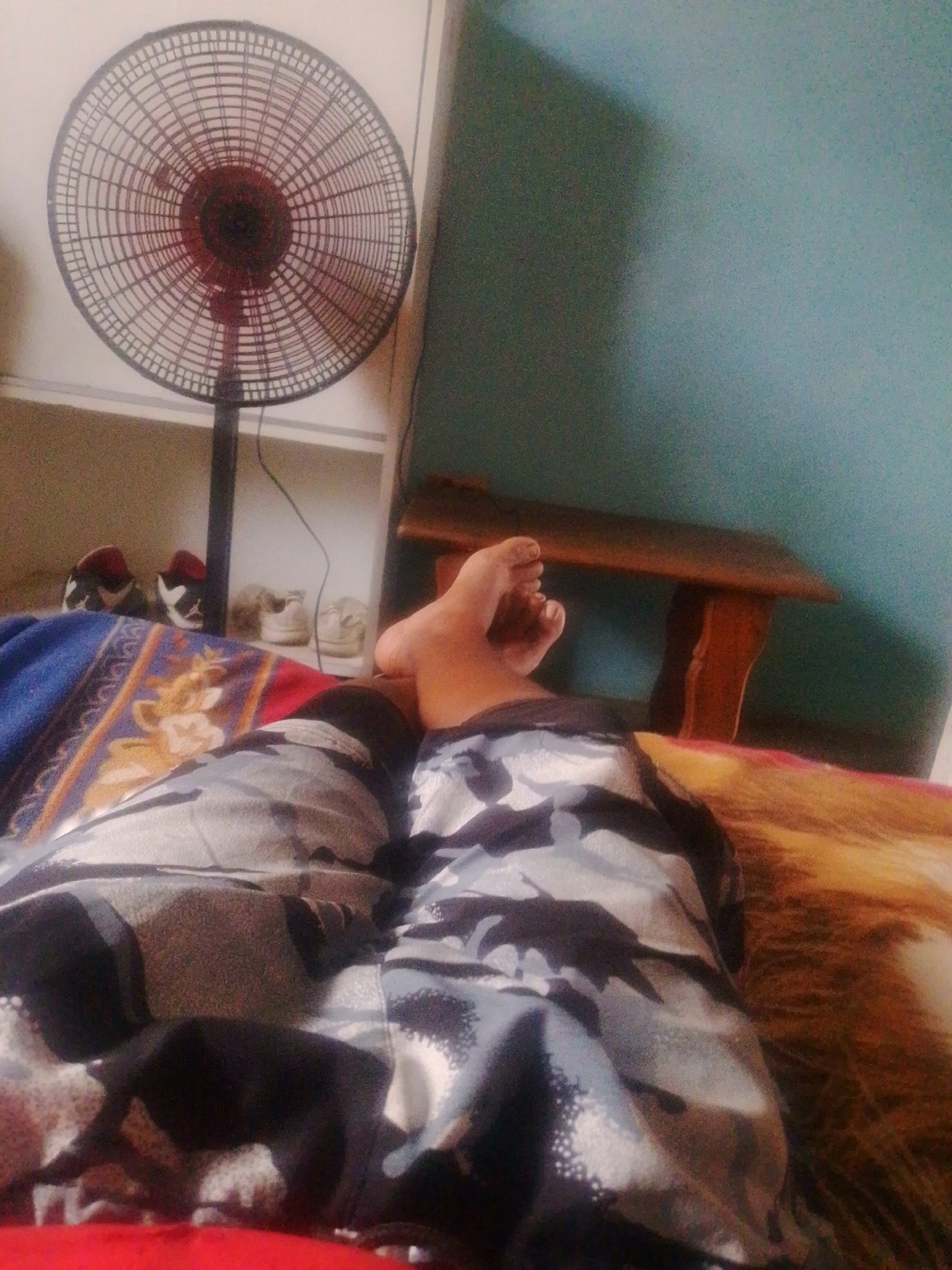 An interior scene in Juan Griego, Venezuela, shows a person lying on a bed with legs outstretched, wearing gray and black camouflage pants. The person's bare foot is visible. Behind the person is a standing fan with a black frame and red center. To the left of the fan, there are two pairs of shoes on a shelf. To the right of the person's foot is a small wooden table. The wall is a light blue color. Bed sheets with various patterns and colors cover the bed.
