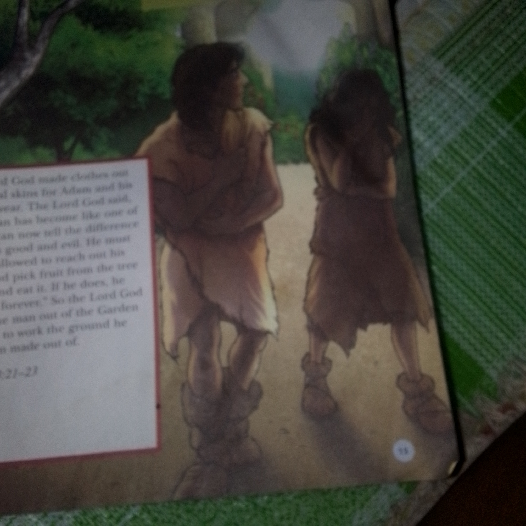 The image shows a page from a book with an illustration of two people. The illustration depicts a man and a woman standing in a garden setting. They are both wearing simple, tunic-like garments. The text on the left side of the page is partially visible and appears to be a biblical passage, likely from the book of Genesis, discussing Adam and Eve. The background of the illustration is a stylized garden with trees and foliage. The book page is placed on a green, checkered surface, possibly a tablecloth. There is a small circular emblem with the number "55" on the lower right corner of the page. The image is taken at an angle, and the lighting is somewhat dim, contributing to a slightly blurry appearance. There is no information to suggest a location in a city.