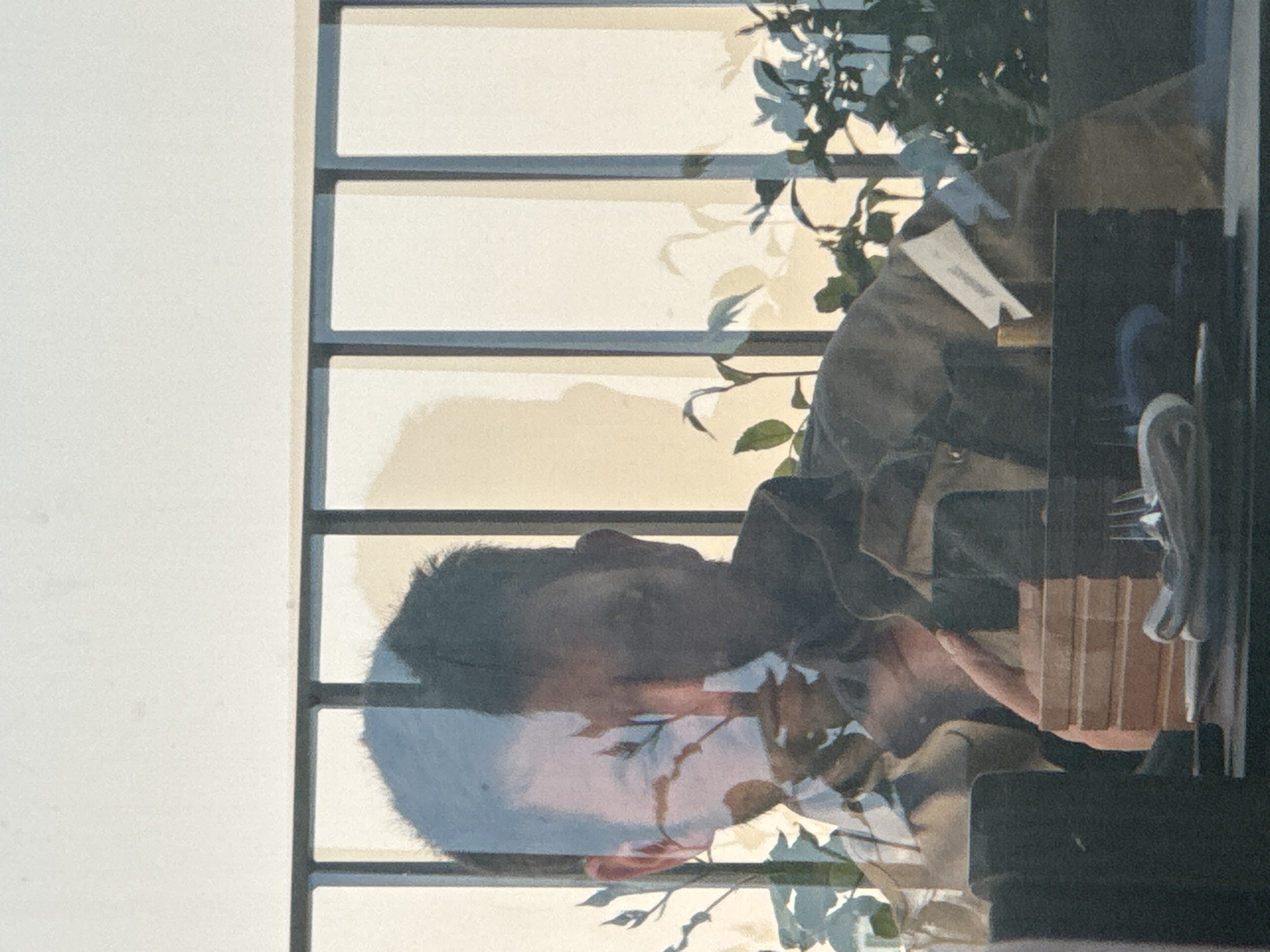 The image shows a person sitting at a table reflected in a window with a grid-like frame. The reflection also includes a leafy plant, suggesting it is outside. On the table, there is a plate with what appears to be food, alongside cutlery. The person has short, dark hair and is wearing a dark-colored jacket or shirt. Due to the reflection, details of their facial features and actions are unclear. The backdrop outside the window appears to be a light-colored building or wall. There is no information to infer the location as Milan, Italy.