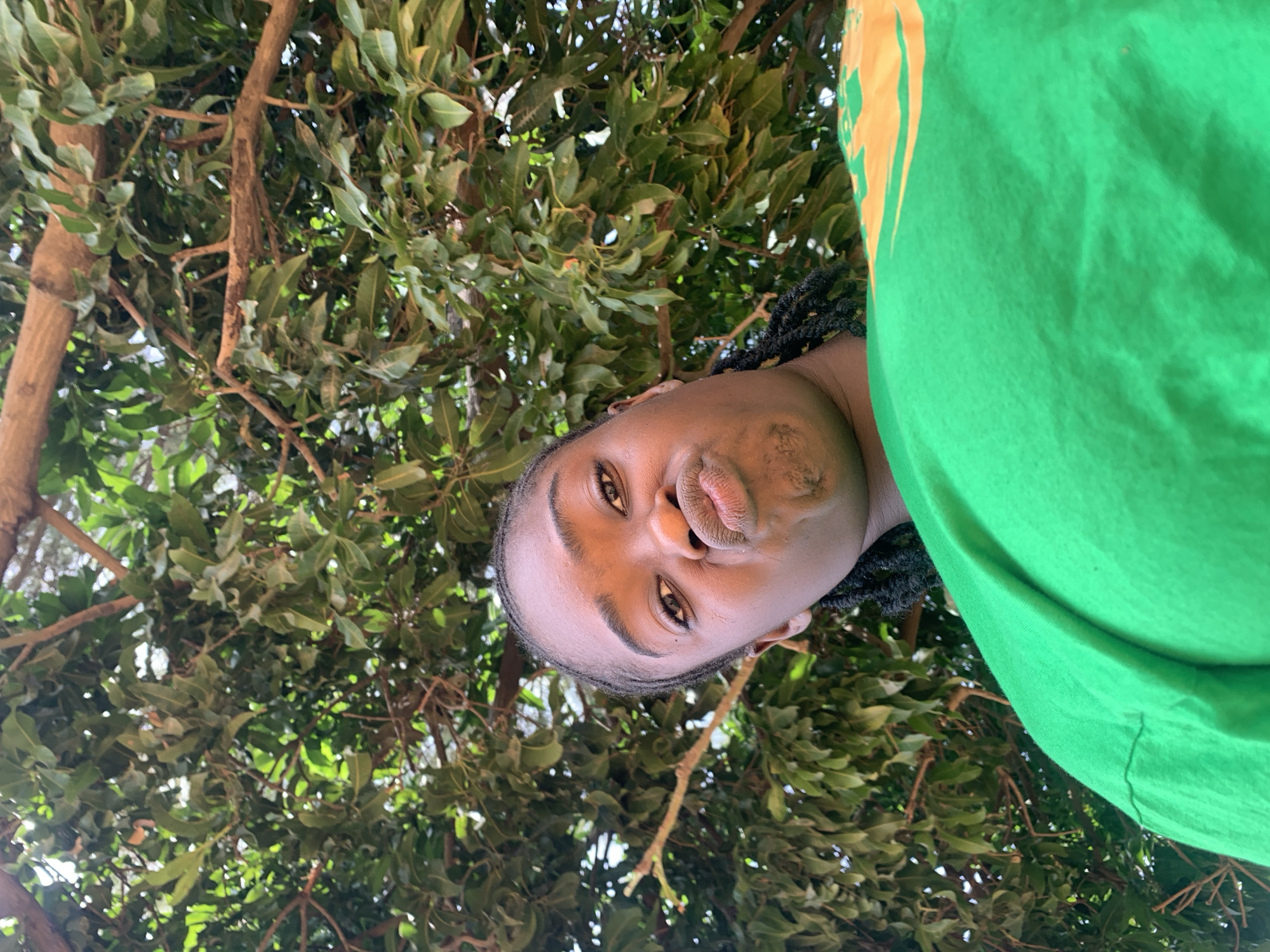 This media file presents a low-angle outdoor portrait of an individual, taken from directly below, looking up. The subject, a person with dark skin and braided hair, occupies the central and lower portion of the frame. Their head is tilted slightly, and their eyes are open, looking towards the viewer. Their lips are pursed in a "kissy face" or "duck face" expression, conveying a playful or posed demeanor. They are wearing a vibrant green t-shirt, a part of which is visible on the right side, featuring abstract orange graphics that are not legible as text.
The background is dominated by the dense canopy of a large tree, filled with numerous green leaves and visible brown branches. The lighting suggests it is daytime, with bright light filtering through the foliage. The perspective creates a sense of being immersed in nature, looking up from below the tree. The scene is set outdoors, consistent with the location context of Rafin Par, Nigeria. The image is notably rotated 90 degrees clockwise from a standard upright orientation.