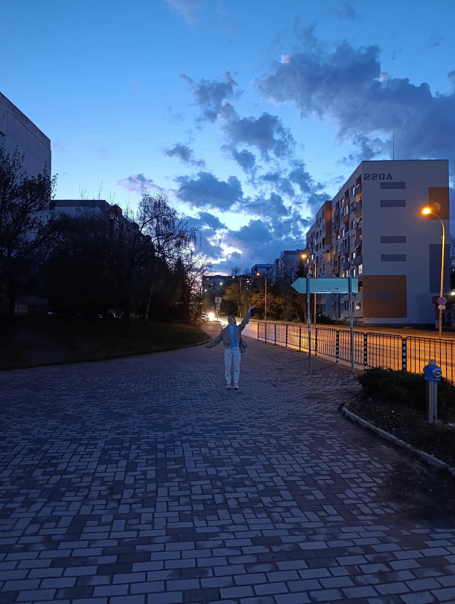 A person stands on a brick pathway in an urban environment at dusk. The person, dressed in light-colored clothing, has one arm raised. In the background is a street with a blue direction sign, a fence, and a tall residential building labeled "220A." Street lights are illuminated. To the left, trees line a darker pathway. The sky is a mix of blue and cloudy. The location appears to be in Sofia, Bulgaria, based on the building style and signage.